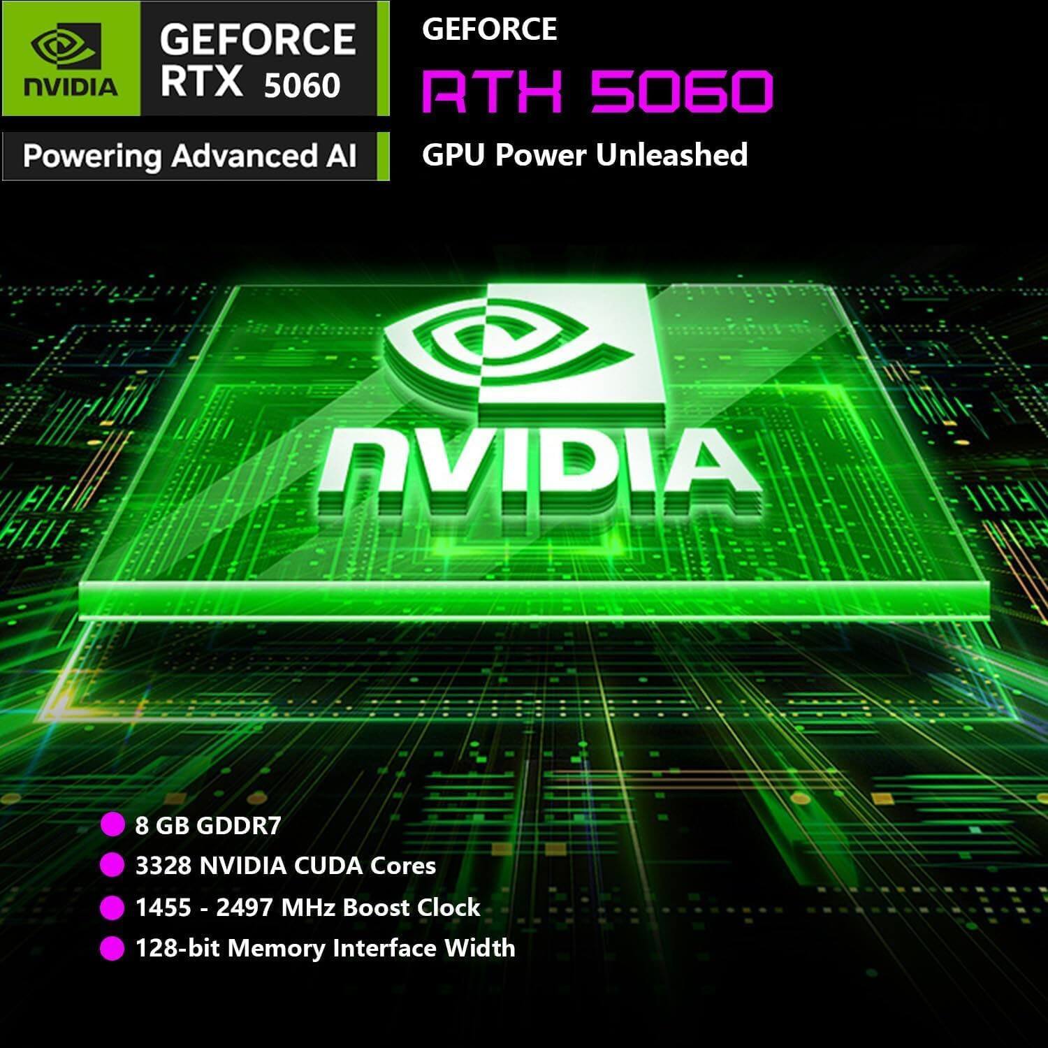 GEFORCE RTX 5060  
Powering Advanced AI  

GEFORCE RTX 5060  
GPU Power Unleashed  

- 8 GB GDDR7  
- 3328 NVIDIA CUDA Cores  
- 1455 - 2497 MHz Boost Clock  
- 128-bit Memory Interface Width