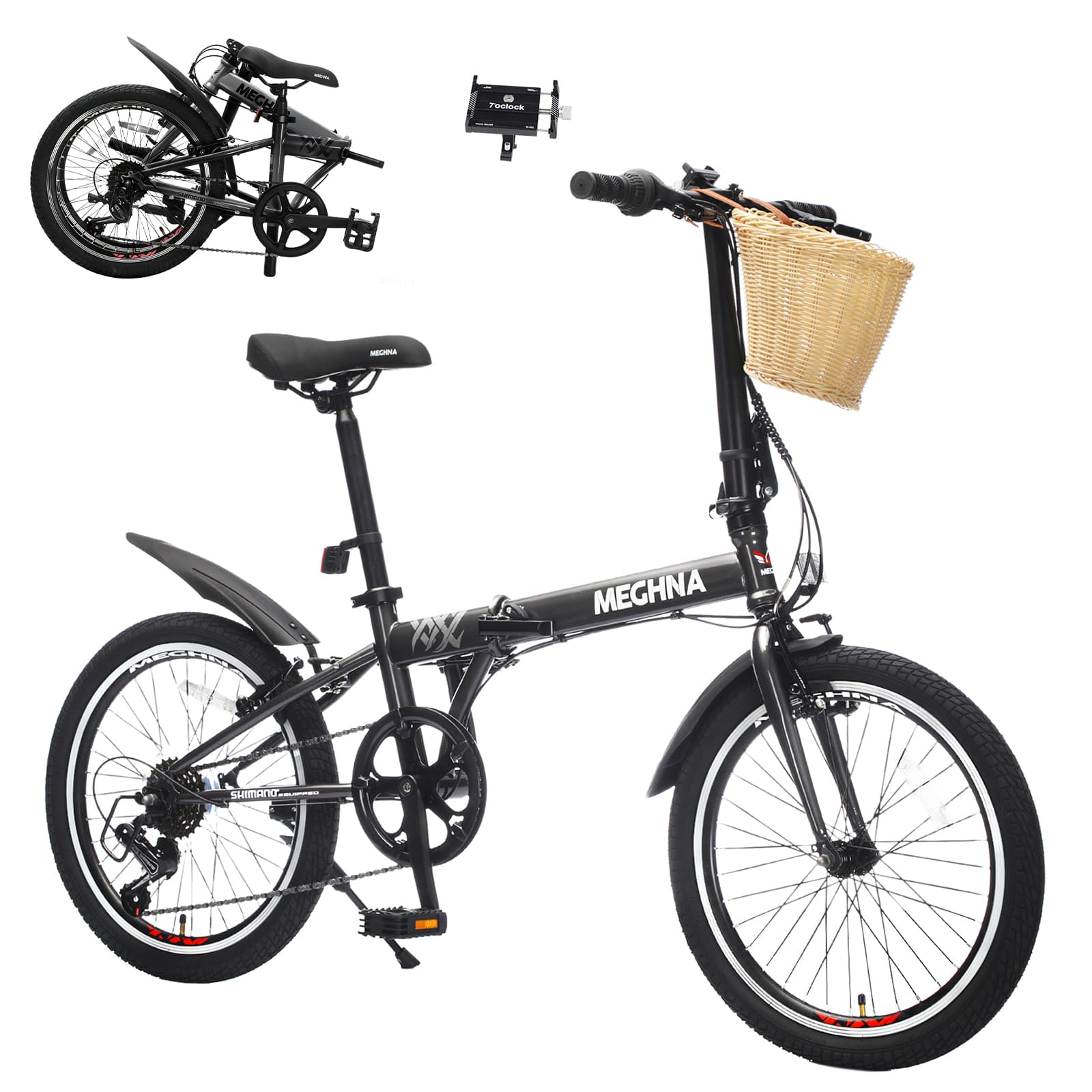 Chery Life - 20 in. Steel 6-Speed Dual V-Brake Portable Compact Folding Bike for Adults with Basket - Black