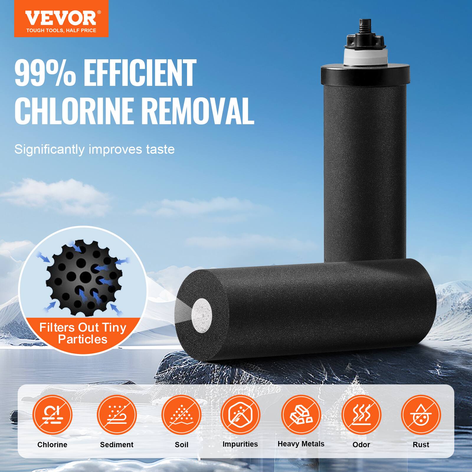 VEVOR  
TOUGH TOOLS, HALF PRICE  

99% EFFICIENT CHLORINE REMOVAL  

Significantly improves taste  

Filters Out Tiny Particles  

Chlorine  
Sediment  
Soil  
Impurities  
Heavy Metals  
Odor  
Rust