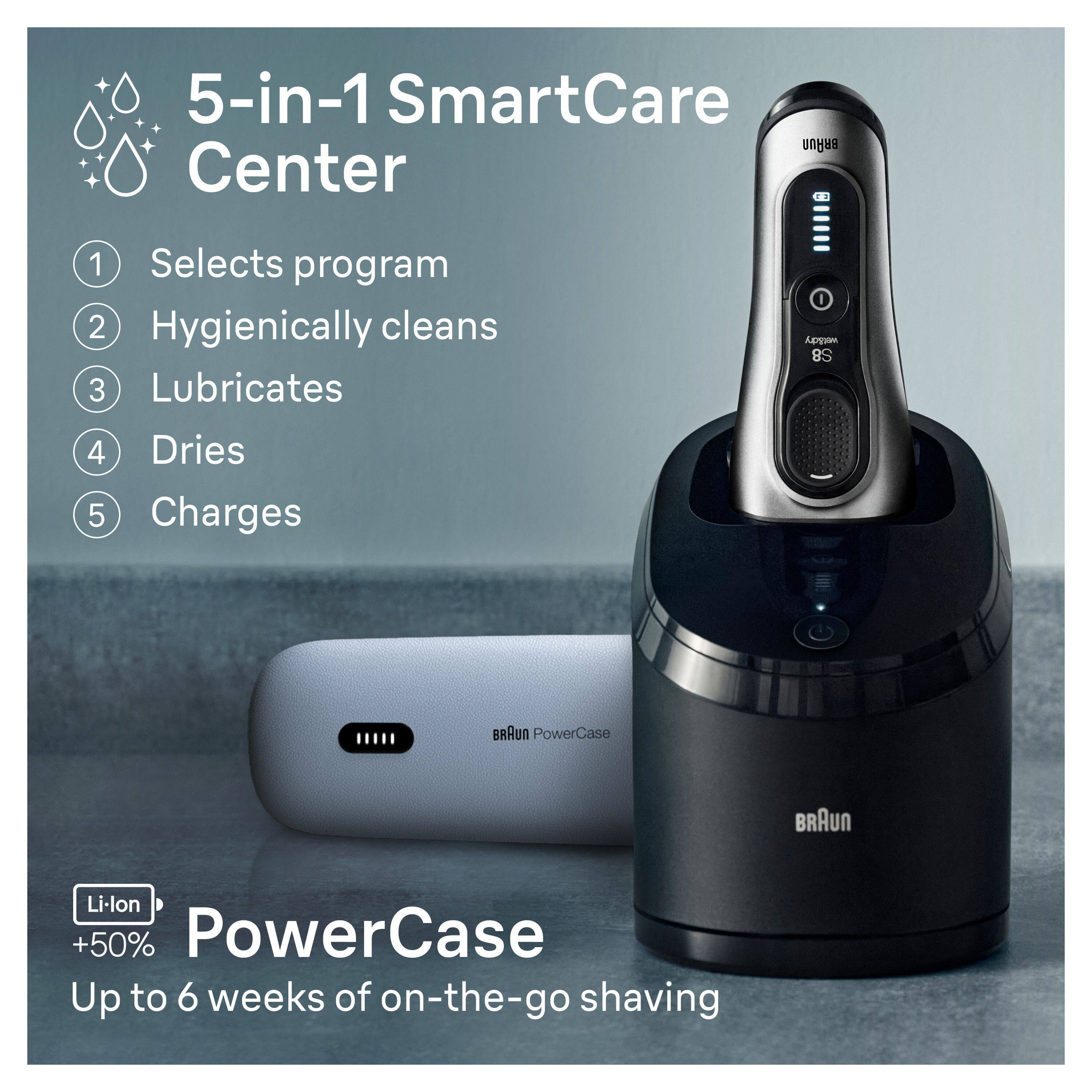 5-in-1 SmartCare Center

1. Selects program
2. Hygienically cleans
3. Lubricates
4. Dries
5. Charges

PowerCase
Li-lon +50%
Up to 6 weeks of on-the-go shaving