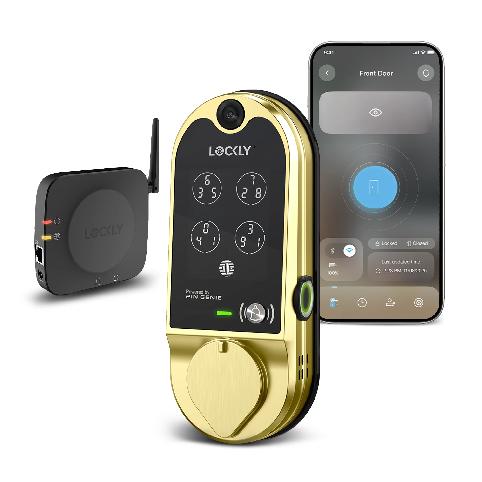 9:41 Front Door LOCKLY 6 3 5 7 2 8 LOCKLY 0 4 1 3 9 : - Locked 1 Closed 100% Last updated time 2-23 PM 01/08/2025 Powered by PIN GENIE