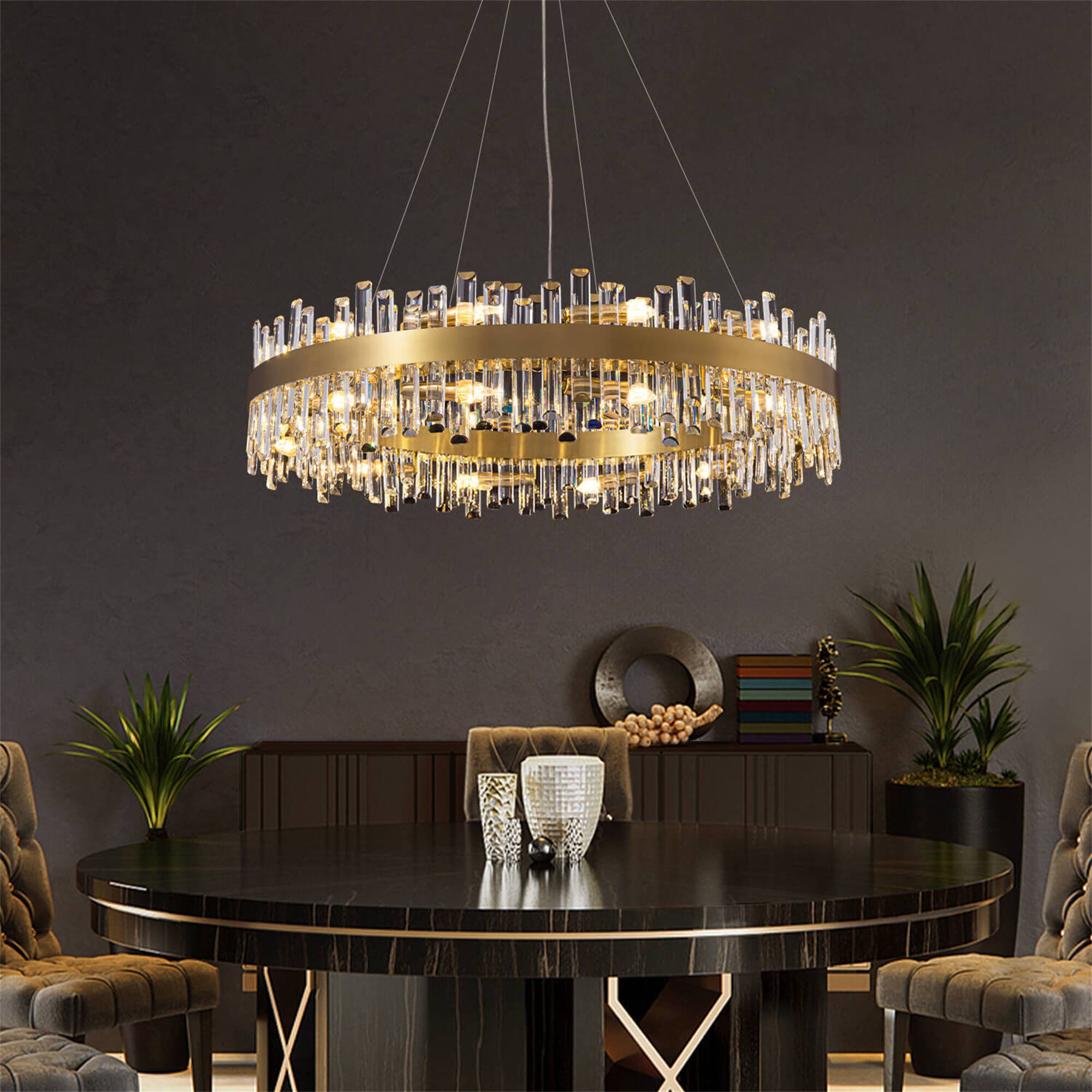 Angle. Siljoy - 20-Light Brushed Gold 2-Tier K9 Crystal Raindrop Chandelier, 39.4in 3-Way Dimmable for Dining/Living/Kitchen/Bedroom - Gold.