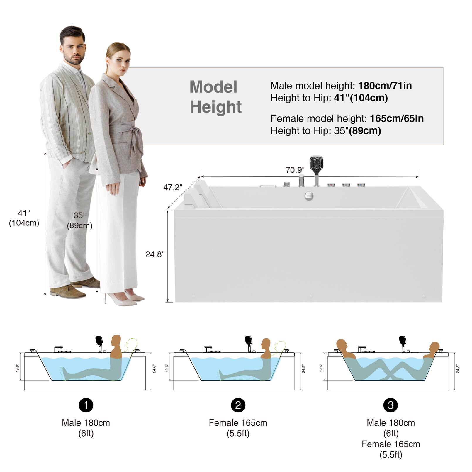 Model Height

Male model height: 180cm/71in  
Height to Hip: 41" (104cm)

Female model height: 165cm/65in  
Height to Hip: 35" (89cm)

Male 180cm (6ft)  
Female 165cm (5.5ft)
