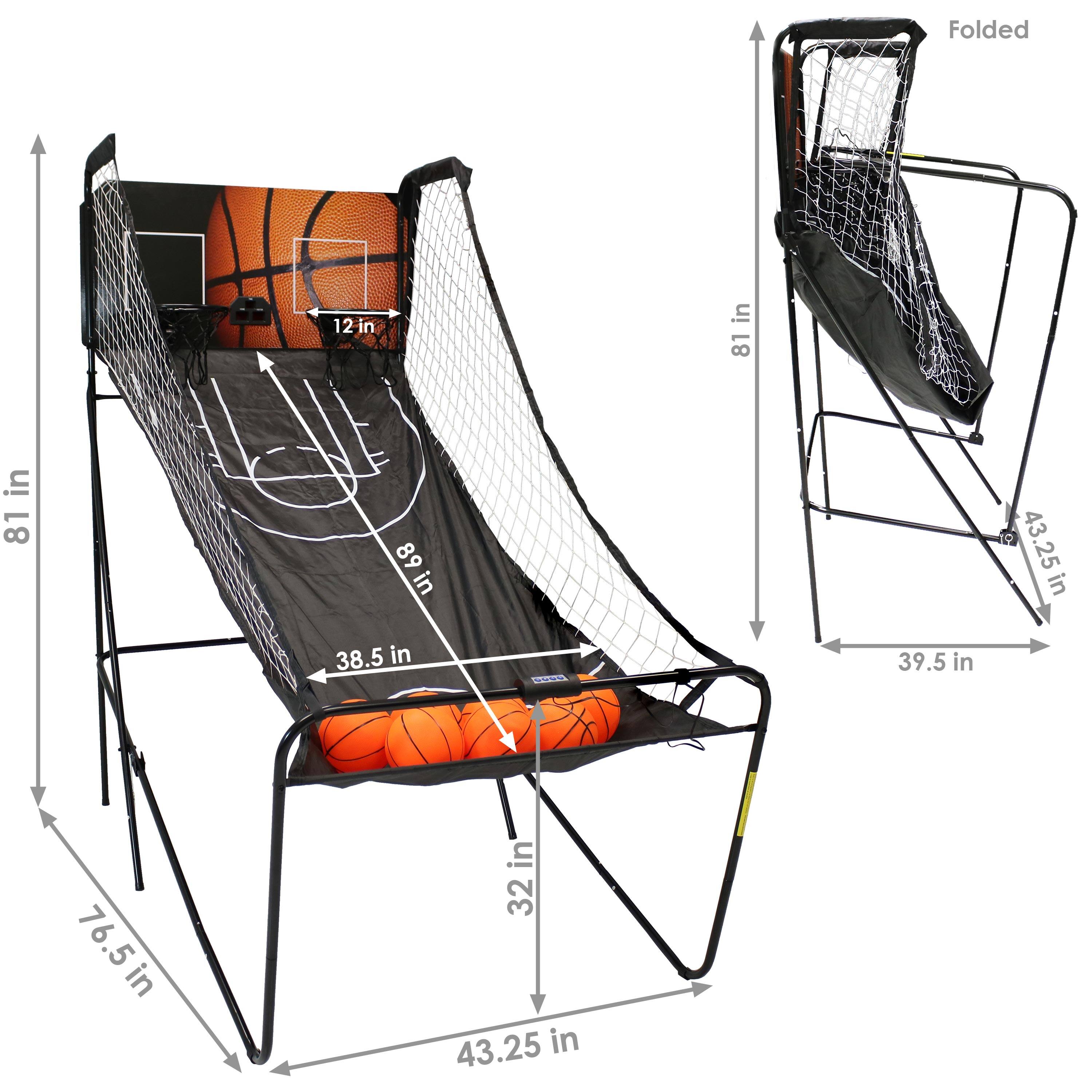 Folded: 39.5 in x 43.25 in

Unfolded:
- Height: 81 in
- Width: 43.25 in
- Depth: 76.5 in
- Backboard: 89 in x 38.5 in
- Net: 81 in
- Rim: 12 in