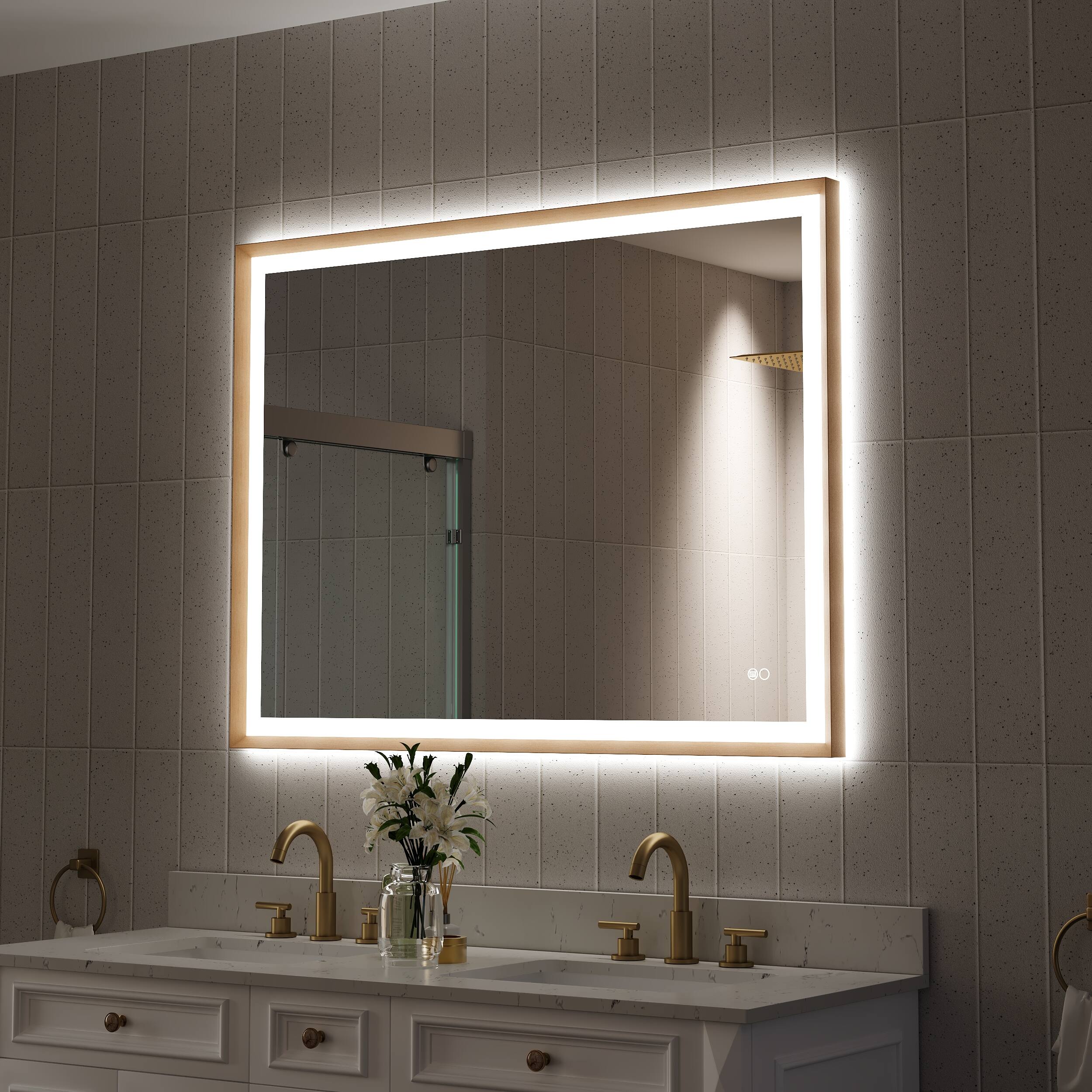 Left. WELLFOR - 48 in. W x 36 in. H Rectangular Single Aluminum Framed Antifog Dimmable Wall Bathroom Vanity Mirror - Gold.