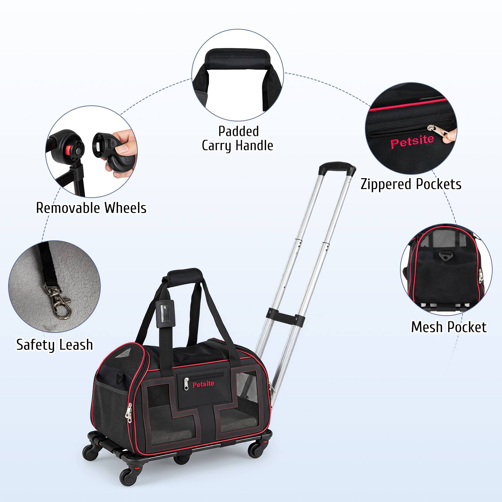 Padded Carry Handle, Removable Wheels, Zippered Pockets, Safety Leash, Mesh Pocket, Petsite