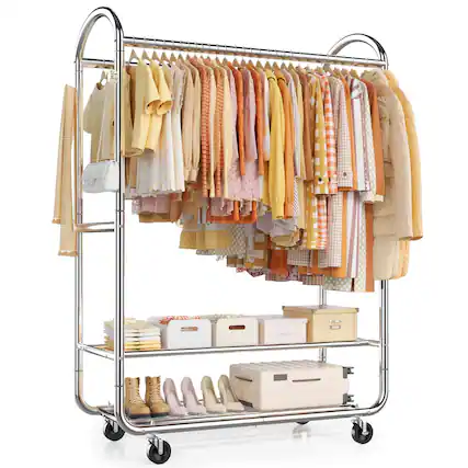 Front. Hirose Alice - EAGMAK Heavy Duty Clothing Racks for Hanging Clothes Rolling Clothes Rack Double Rod Garment Rack with - Silver.