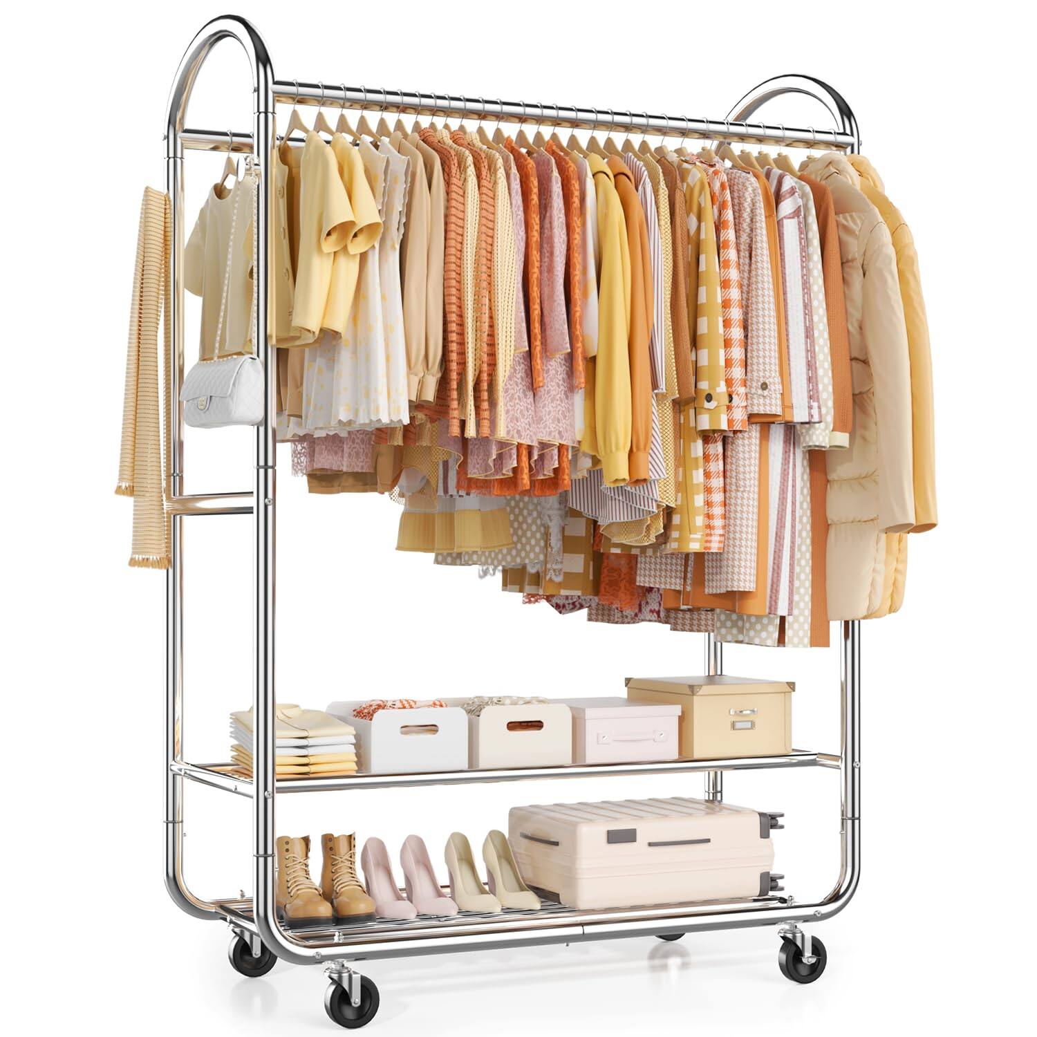 Front. Hirose Alice - EAGMAK Heavy Duty Clothing Racks for Hanging Clothes   Rolling Clothes Rack Double Rod Garment Rack with - Silver.