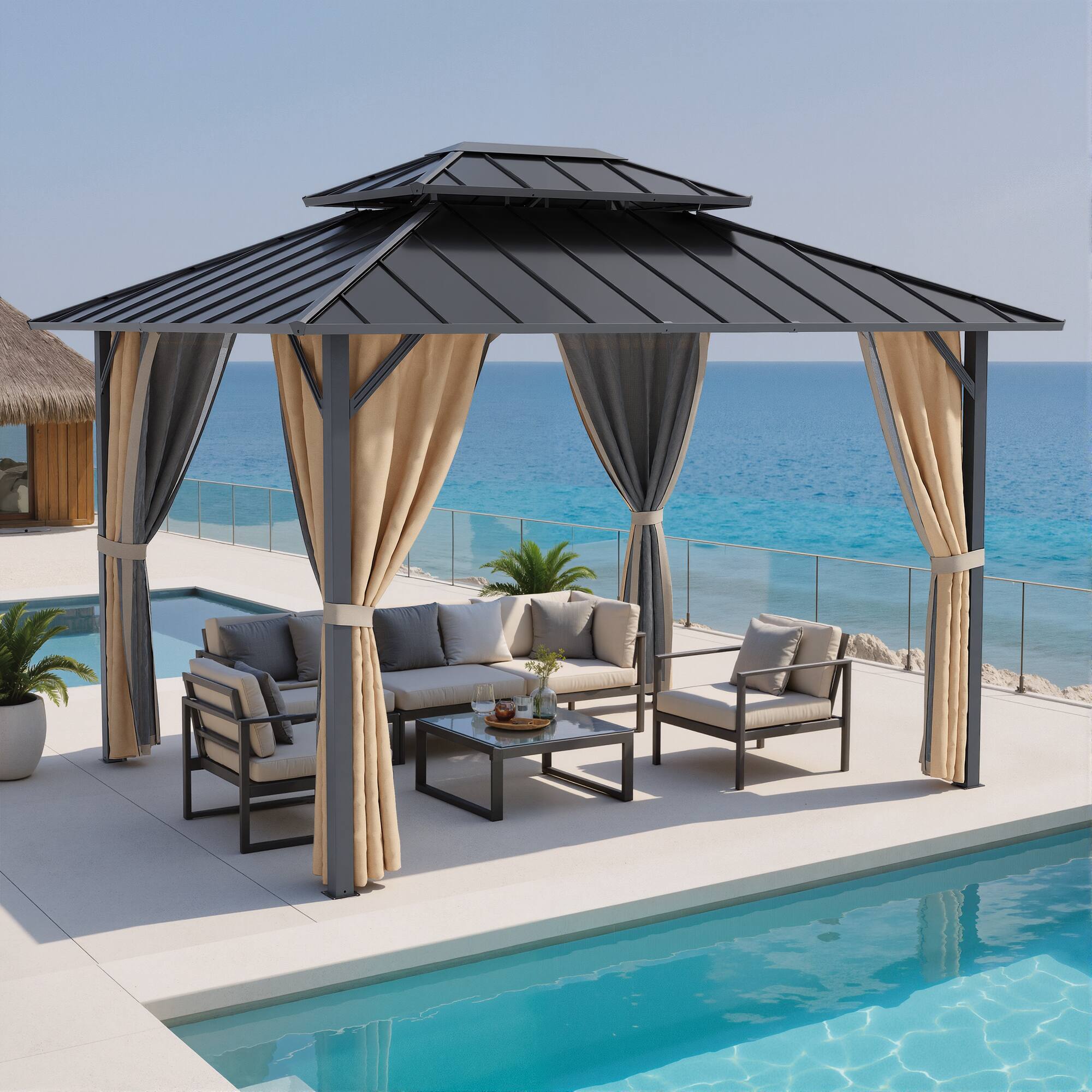 Angle. Ovios - 10’x12' Outdoor Gazebo with Double Roof Heavy Duty Steel Frame, Curtains & Netting - Yellow.