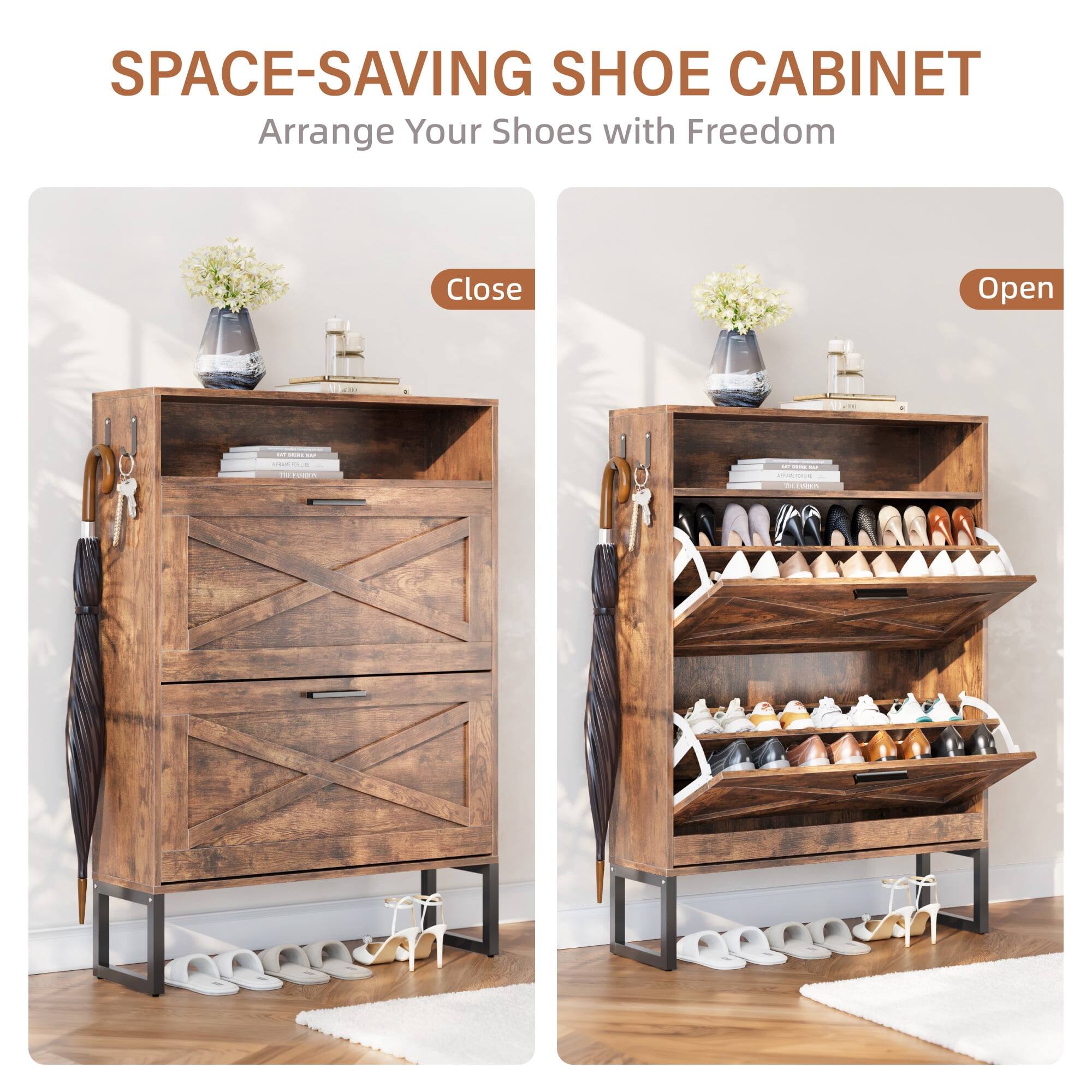 SPACE-SAVING SHOE CABINET  
Arrange Your Shoes with Freedom  
Close Open