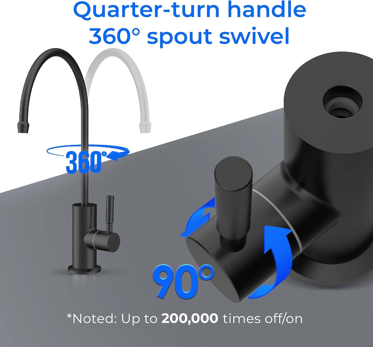 Quarter-turn handle  
360° spout swivel  

360°  

90°  

*Noted: Up to 200,000 times off/on