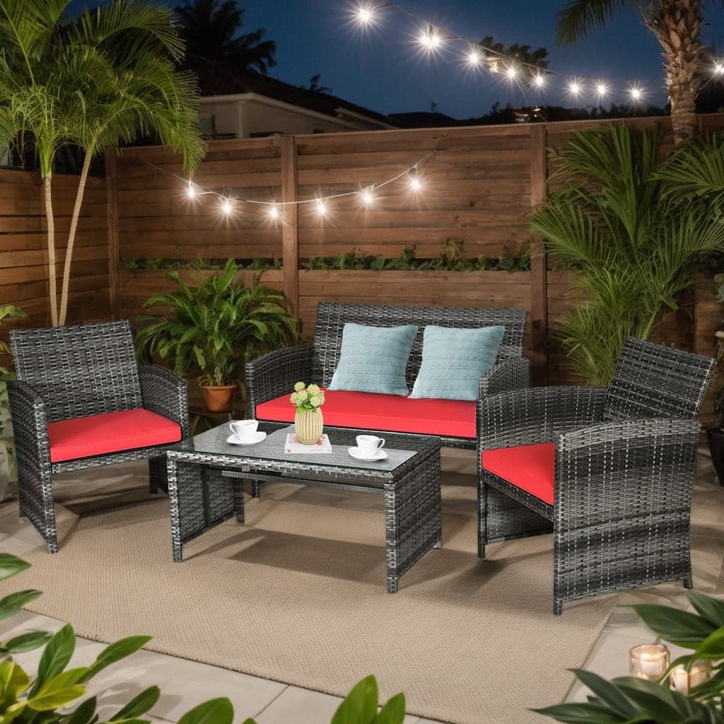 Kadyn - 4 Pieces Patio Rattan Furniture Set, Outdoor Patio Furniture Set with Cushions - Red