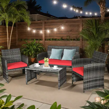 Front. Kadyn - 4 Pieces Patio Rattan Furniture Set, Outdoor Patio Furniture Set with Cushions-Red - Red.