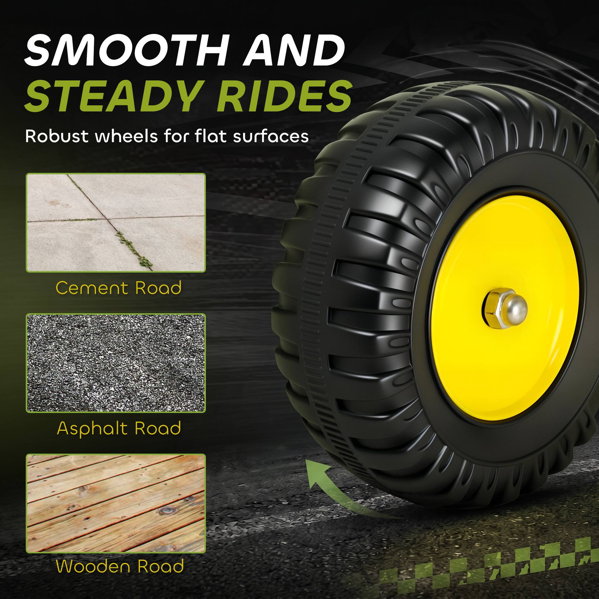 SMOOTH AND STEADY RIDES  
Robust wheels for flat surfaces  
Cement Road  
Asphalt Road  
Wooden Road