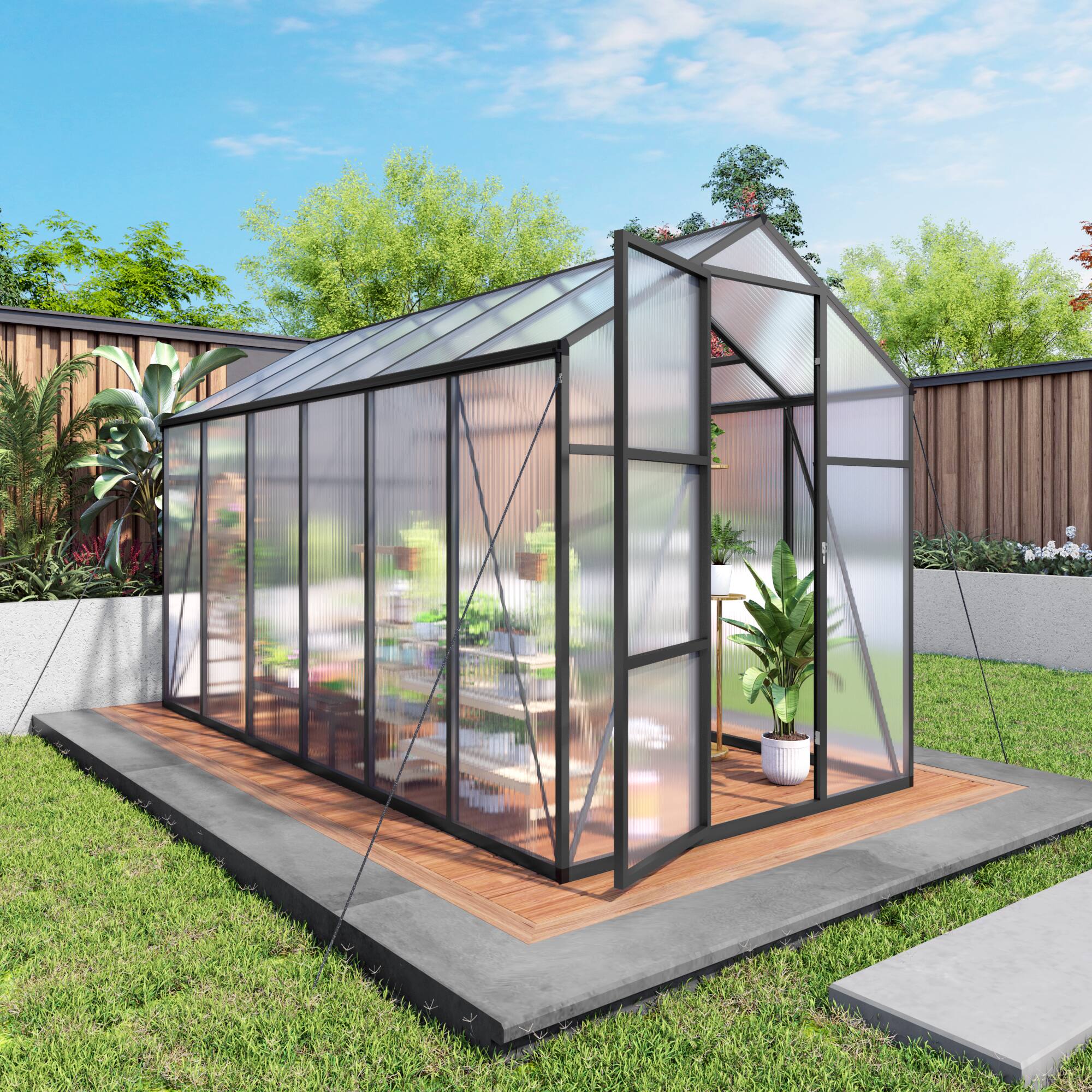 Left. Mondawe - 6x12FT Polycarbonate Garden Greenhouse with Sturdy Aluminum Frame, Adjustable Vents, Lockable Door - Black.