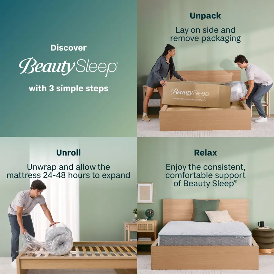 Discover Beauty Sleep with 3 simple steps: Unpack, Lay on side and remove packaging, Unroll, and Relax. Unwrap and allow the mattress 24-48 hours to expand. Enjoy the consistent, comfortable support of Beauty Sleep.