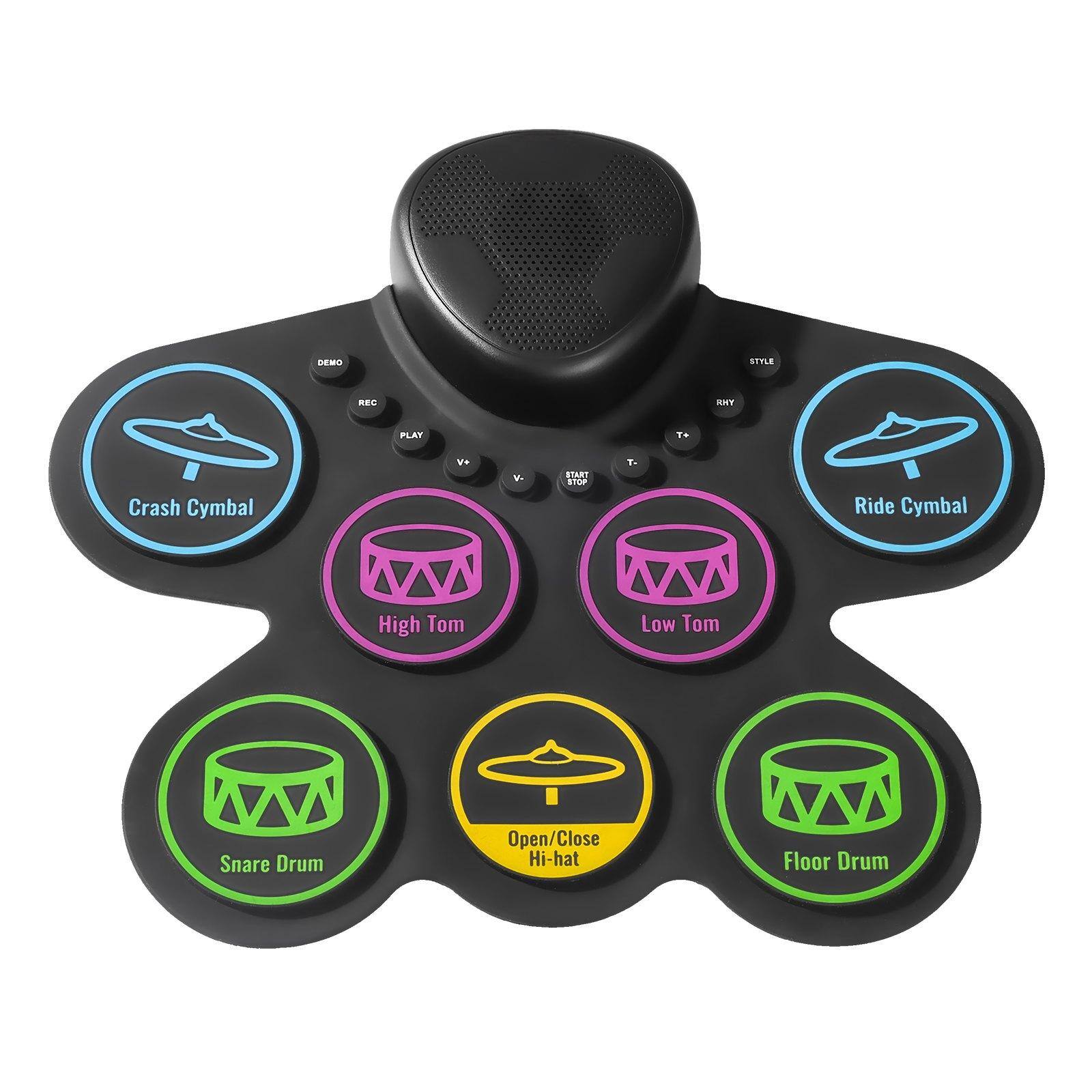 Sure, here is the corrected and grouped text from the image:

- Crash Cymbal
- High Tom
- Low Tom
- Snare Drum
- Open/Close Hi-hat
- Floor Drum
- Ride Cymbal

Controls:
- DEMO
- REC
- PLAY
- START/STOP
- STYLE
- RHY
- T+
- T-