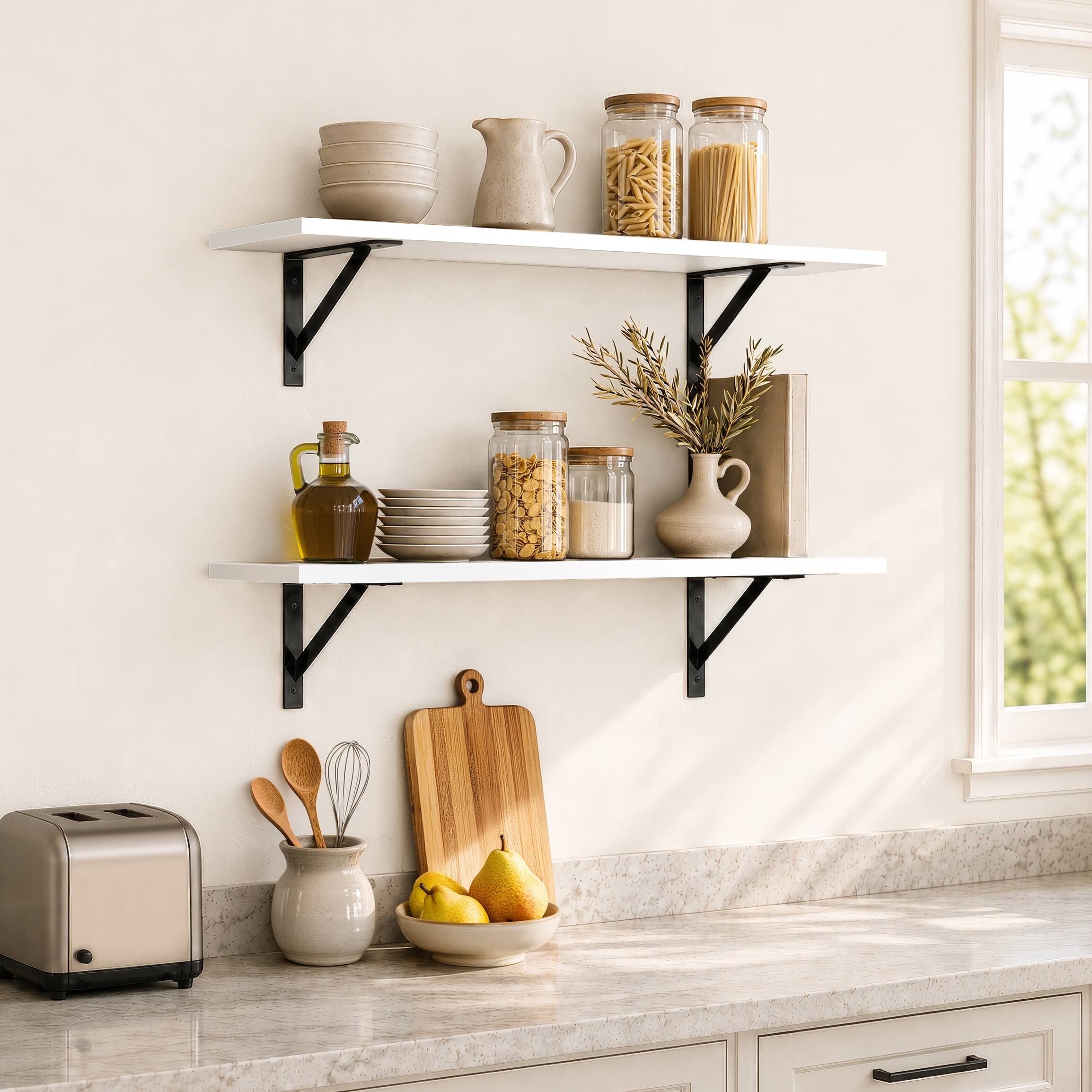 Alt View 5. Sorbus - Wall Shelves 31.5" with Black Metal Brackets, Set of 2, White - White.