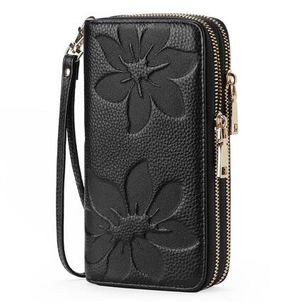 Front. Wikistore - WIKISTORE Womens Large Capacity Double Zip Wallet RFID Blocking Leather Phone Holder Wristlet - Black.