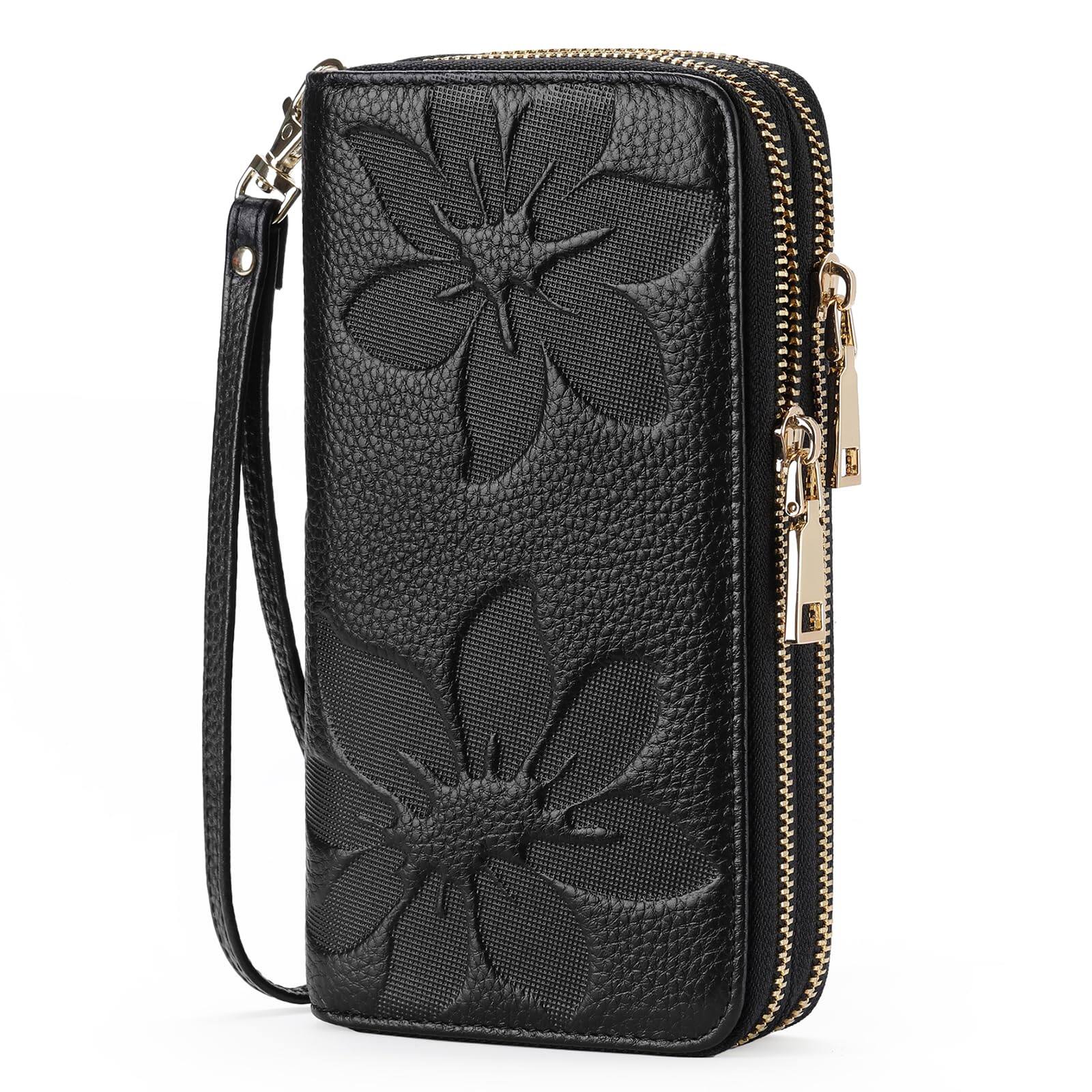 Front. Wikistore - WIKISTORE Womens Large Capacity Double Zip Wallet RFID Blocking Leather Phone Holder Wristlet - Black.