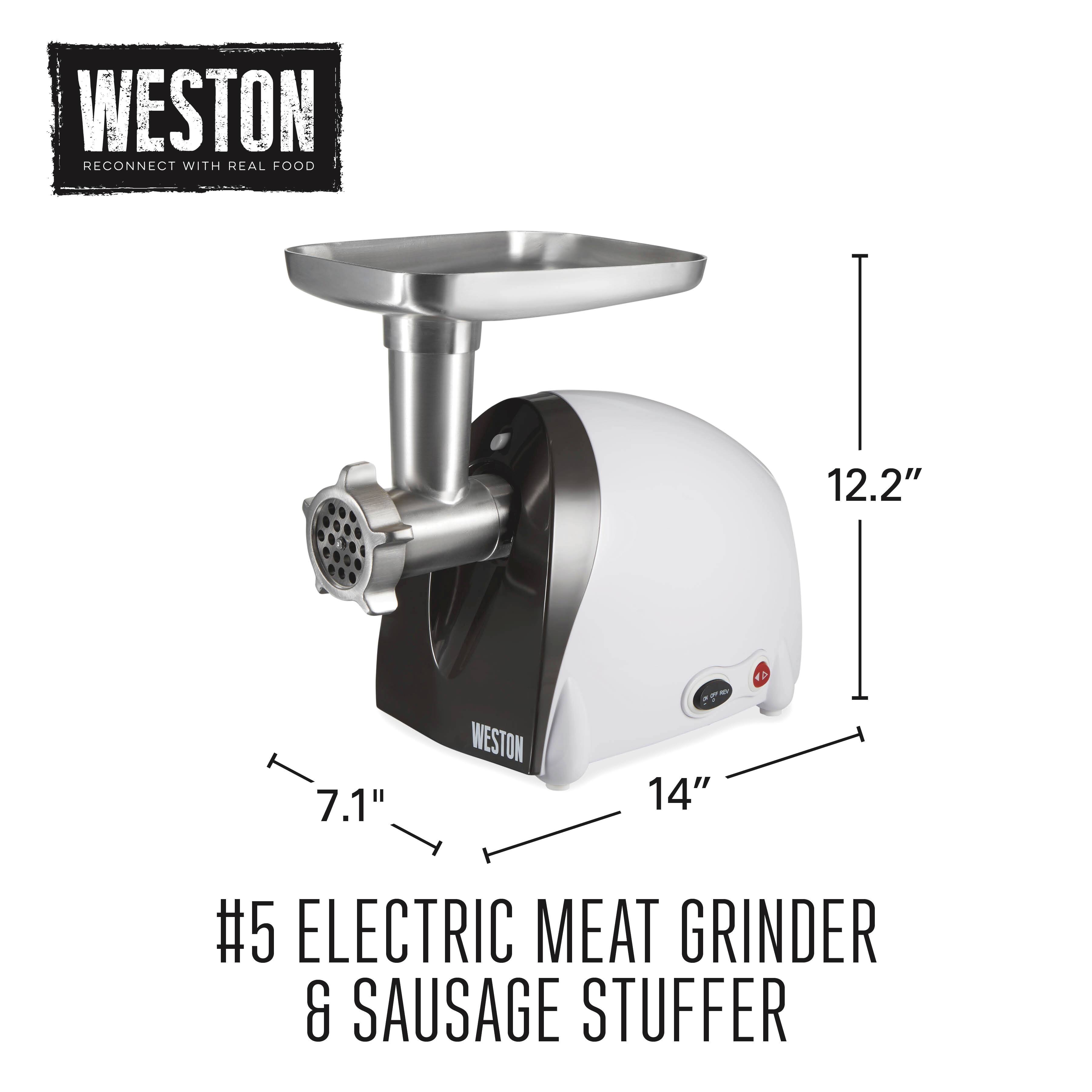 WESTON  
RECONNECT WITH REAL FOOD  

#5 ELECTRIC MEAT GRINDER & SAUSAGE STUFFER  

12.2"  
7.1"  
14"