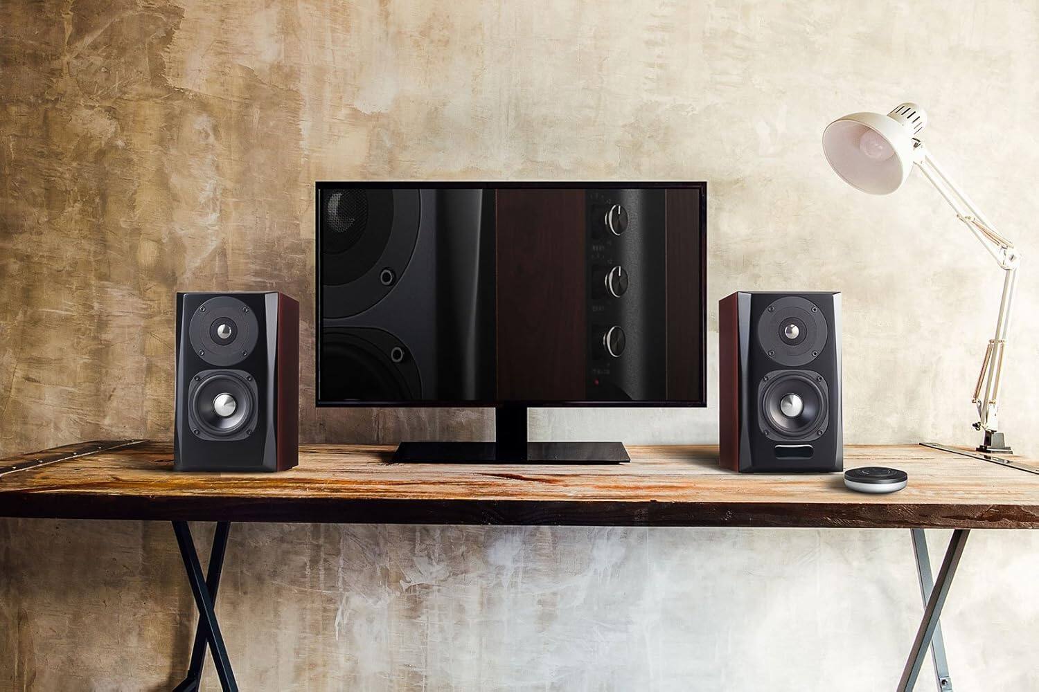 Left. Edifier - S350DB Bookshelf Speakes & Subwoofer, Computer Speakers - Bluetooth v4.1 aptX Wireless Sound - 2.1 Speaker System - Brown/black.