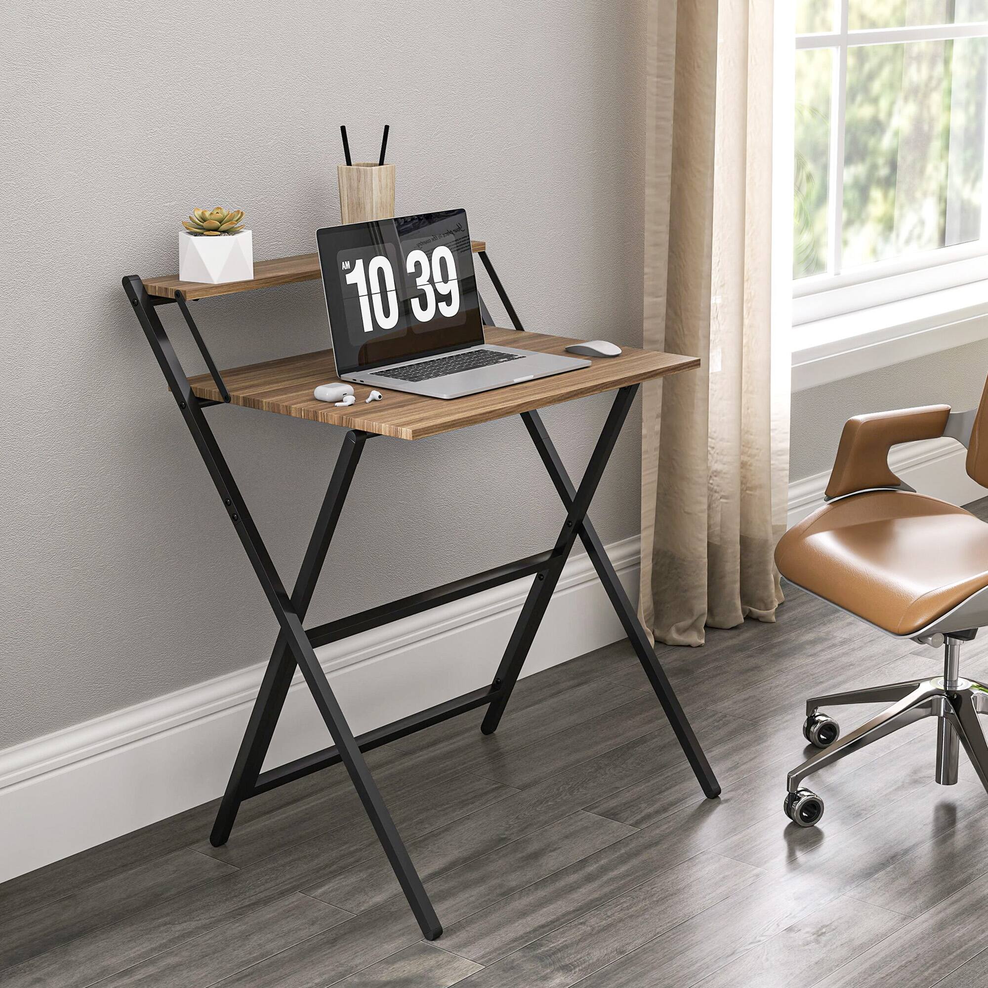 Alt View 7. Homcom - Computer Desk, 27.6" Foldable Desk with Monitor Shelf for Small Space, Home Office, Study - Walnut.