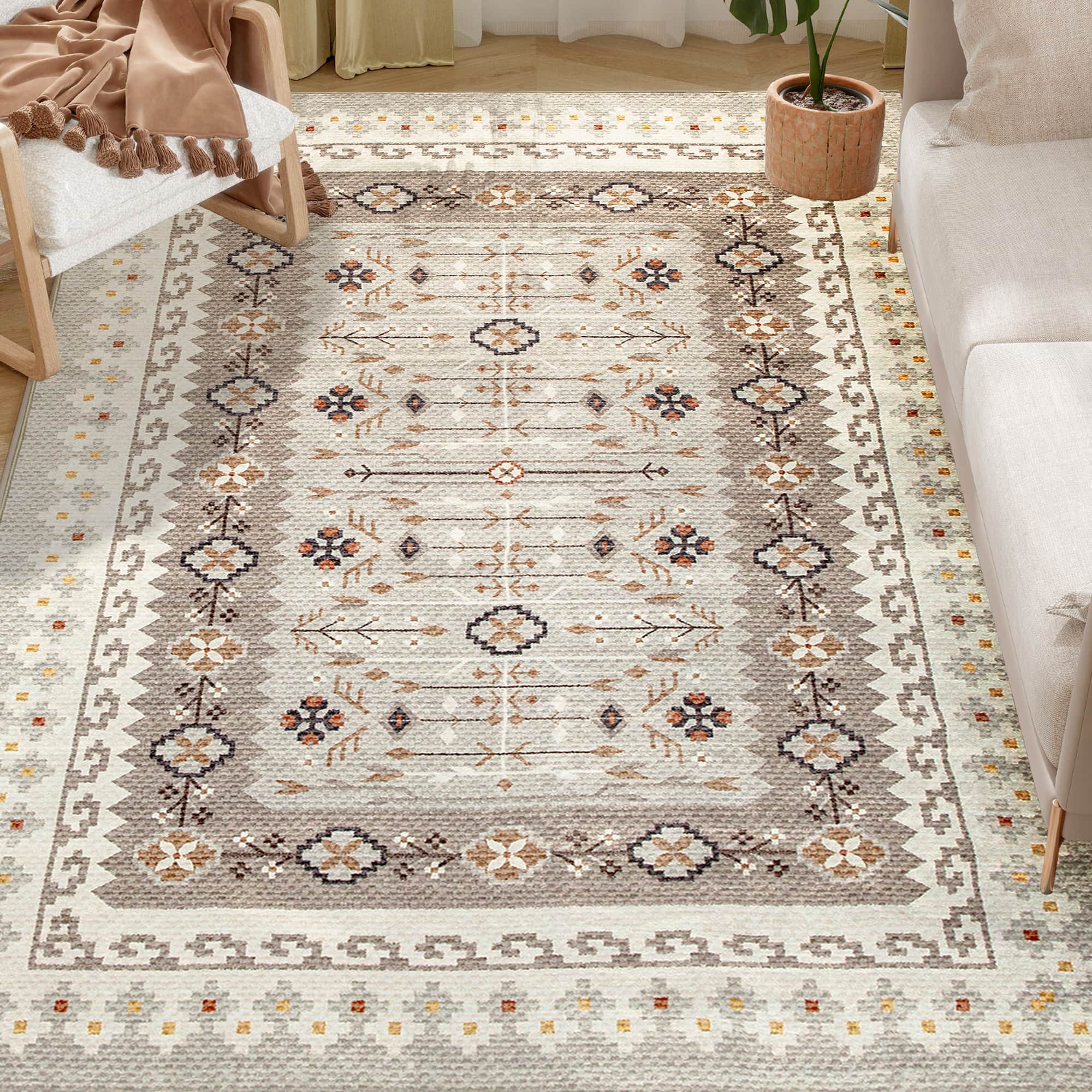 Homcom - Area Rug 5x7, Machine Washable Non-Slip Boho Floral Print Floor Cover - Brown