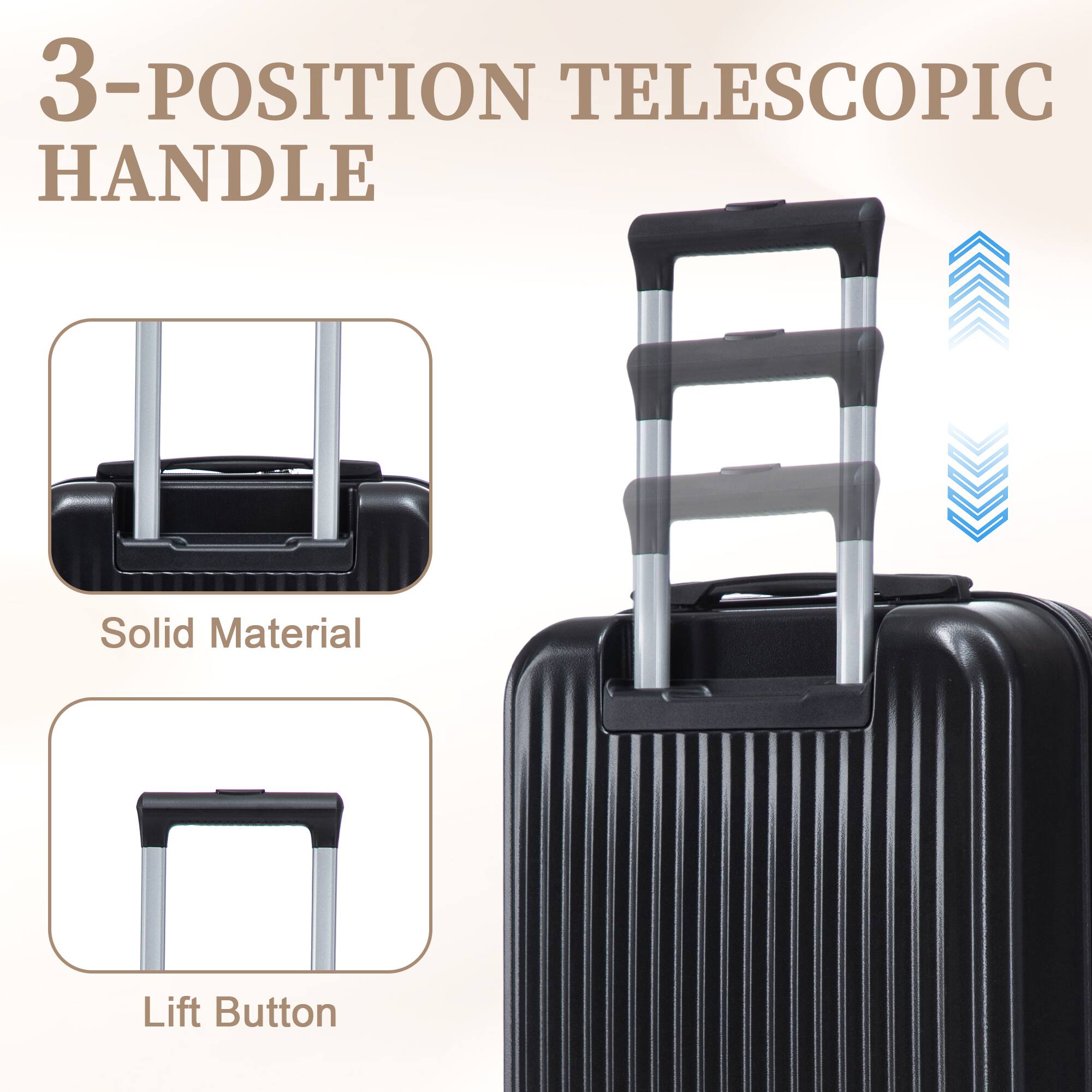 3-POSITION TELESCOPIC HANDLE

Solid Material

Lift Button