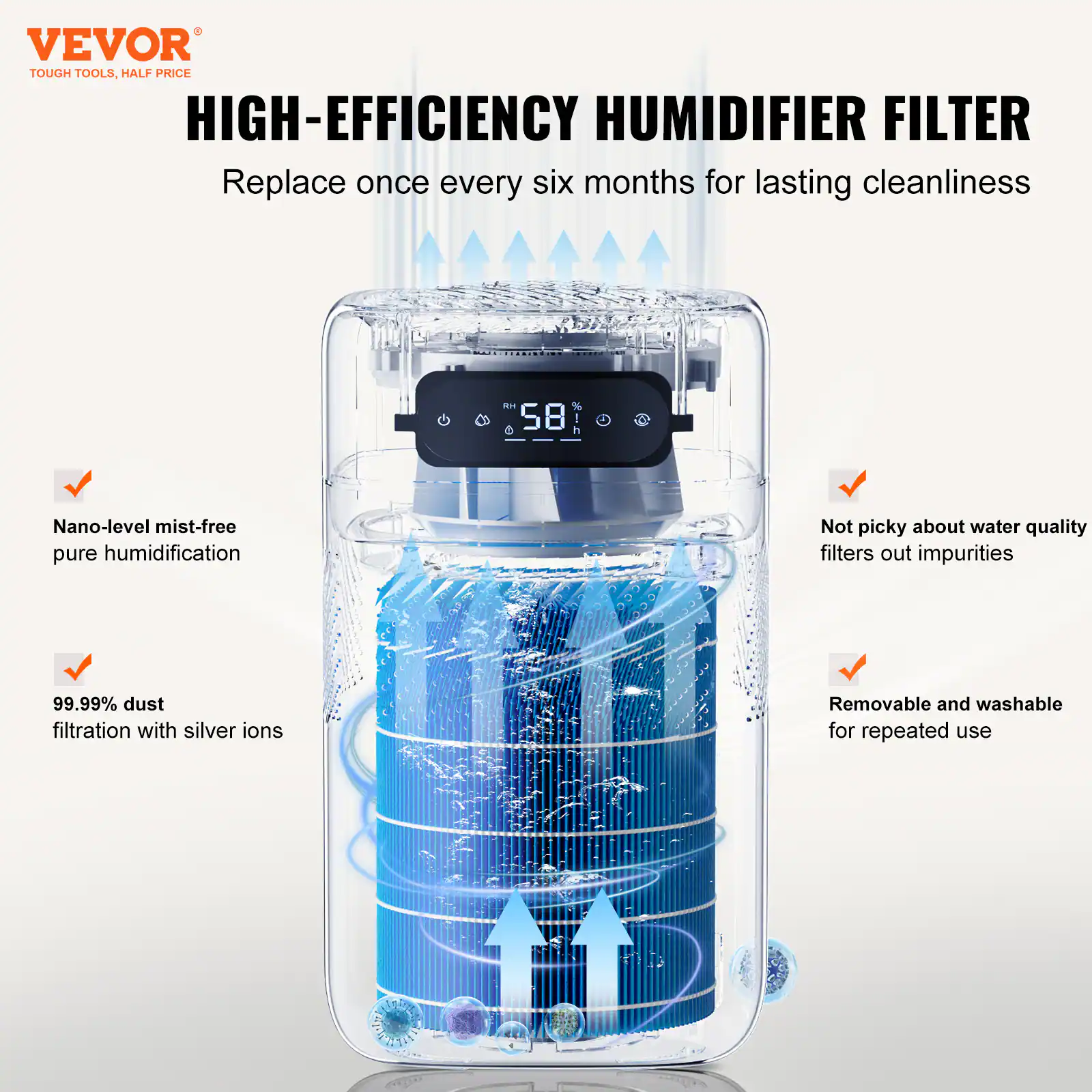 VEVOR  
TOUGH TOOLS, HALF PRICE  

HIGH-EFFICIENCY HUMIDIFIER FILTER  
Replace once every six months for lasting cleanliness  

- Nano-level mist-free pure humidification  
- 99.99% dust filtration with silver ions  
- Not picky about water quality filters out impurities  
- Removable and washable for repeated use