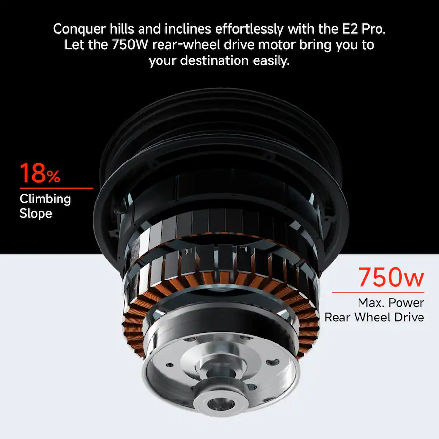 Conquer hills and inclines effortlessly with the E2 Pro. Let the 750W rear-wheel drive motor bring you to your destination easily. 18% Climbing Slope 750W Max Power Rear Wheel Drive.