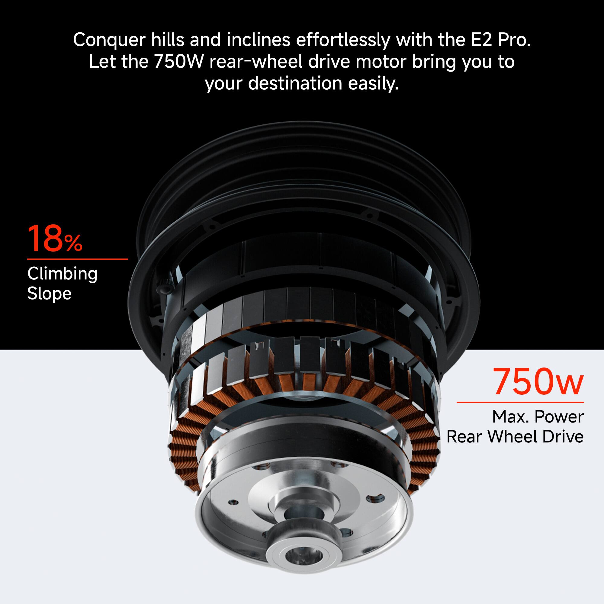 Conquer hills and inclines effortlessly with the E2 Pro. Let the 750W rear-wheel drive motor bring you to your destination easily. 18% Climbing Slope 750W Max Power Rear Wheel Drive.
