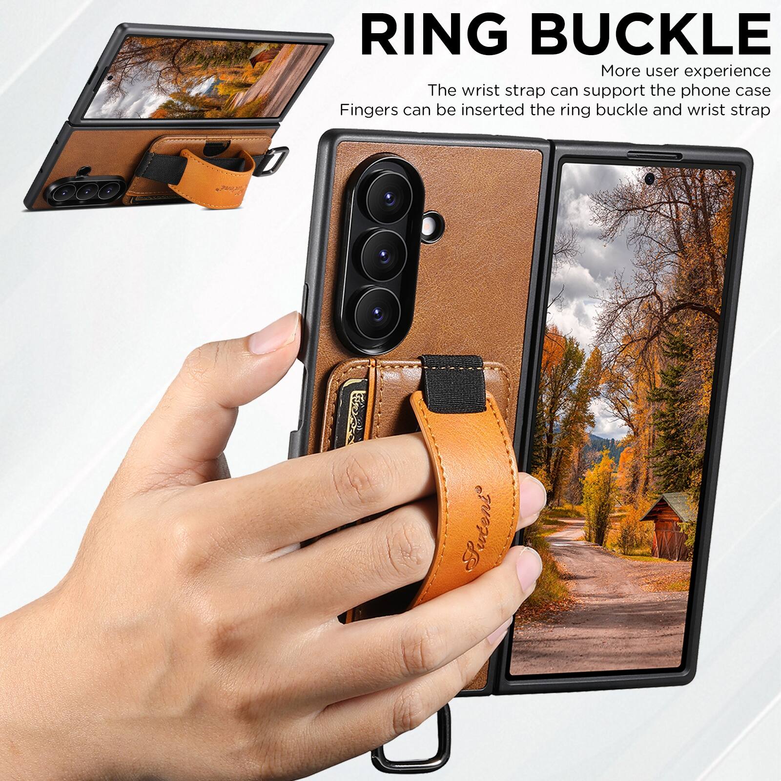 RING BUCKLE  
More user experience  
The wrist strap can support the phone case  
Fingers can be inserted the ring buckle and wrist strap