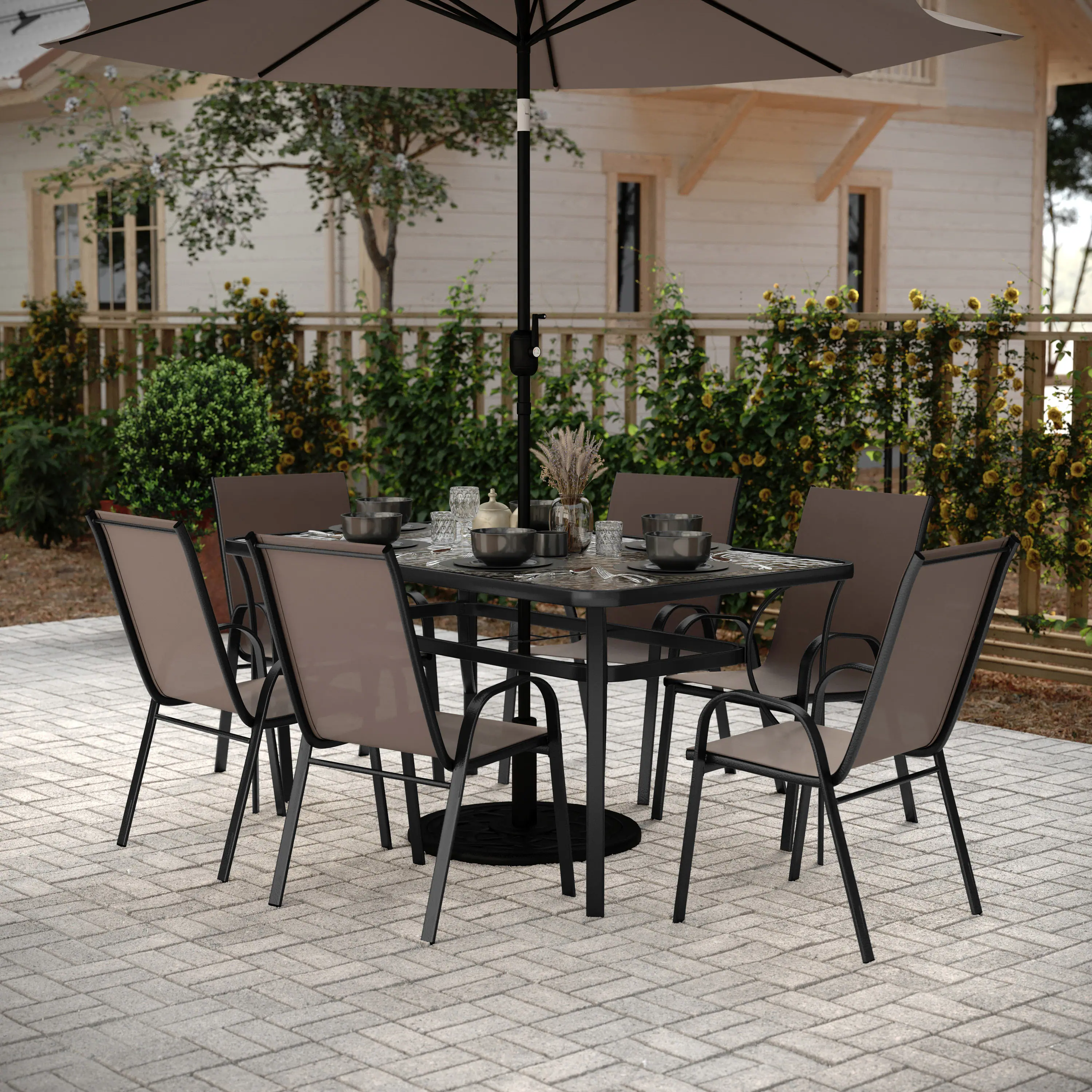 Angle. Flash Furniture - Brazos 7 Piece Commercial Grade Patio Dining Set with Tempered Glass Patio Table and 6 Chairs with Brown Flex Comfort Ma - Brown.