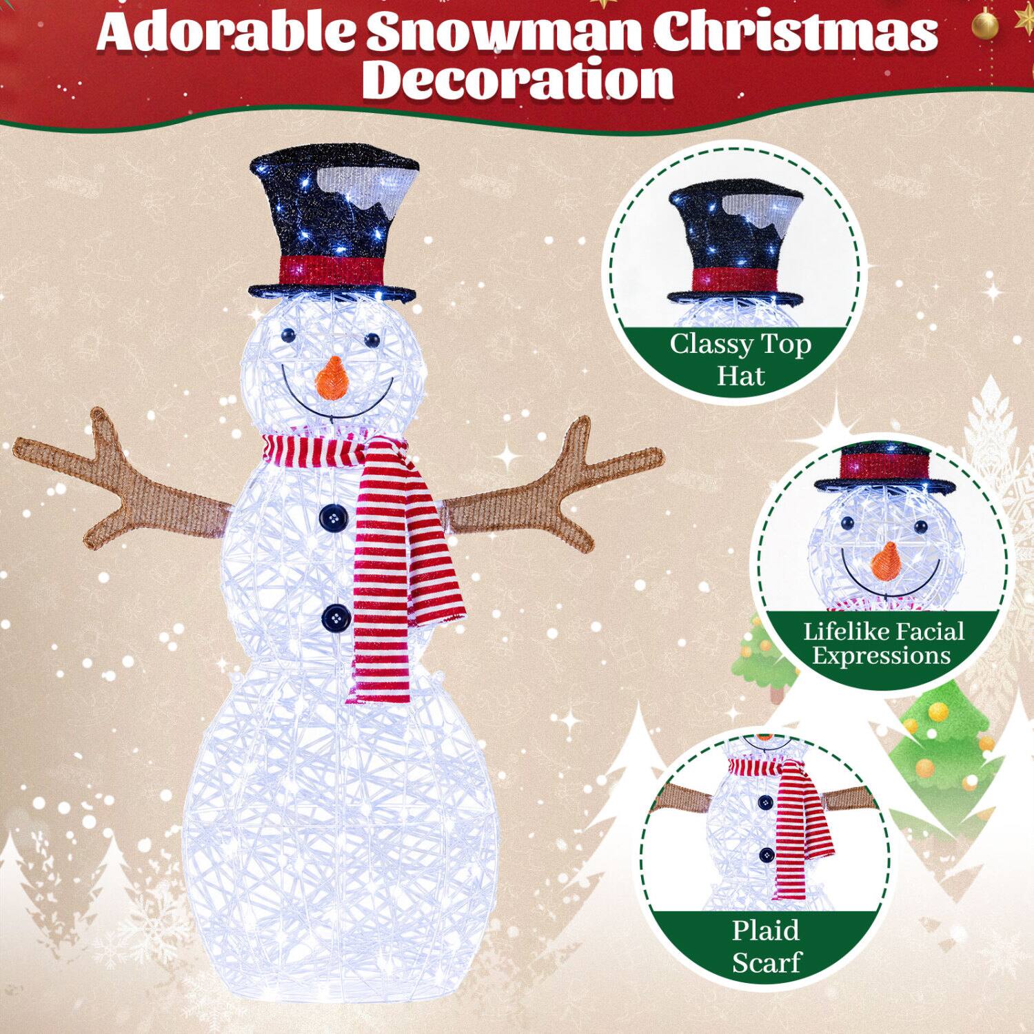 Adorable Snowman Christmas Decoration

- Classy Top Hat
- Lifelike Facial Expressions
- Plaid Scarf