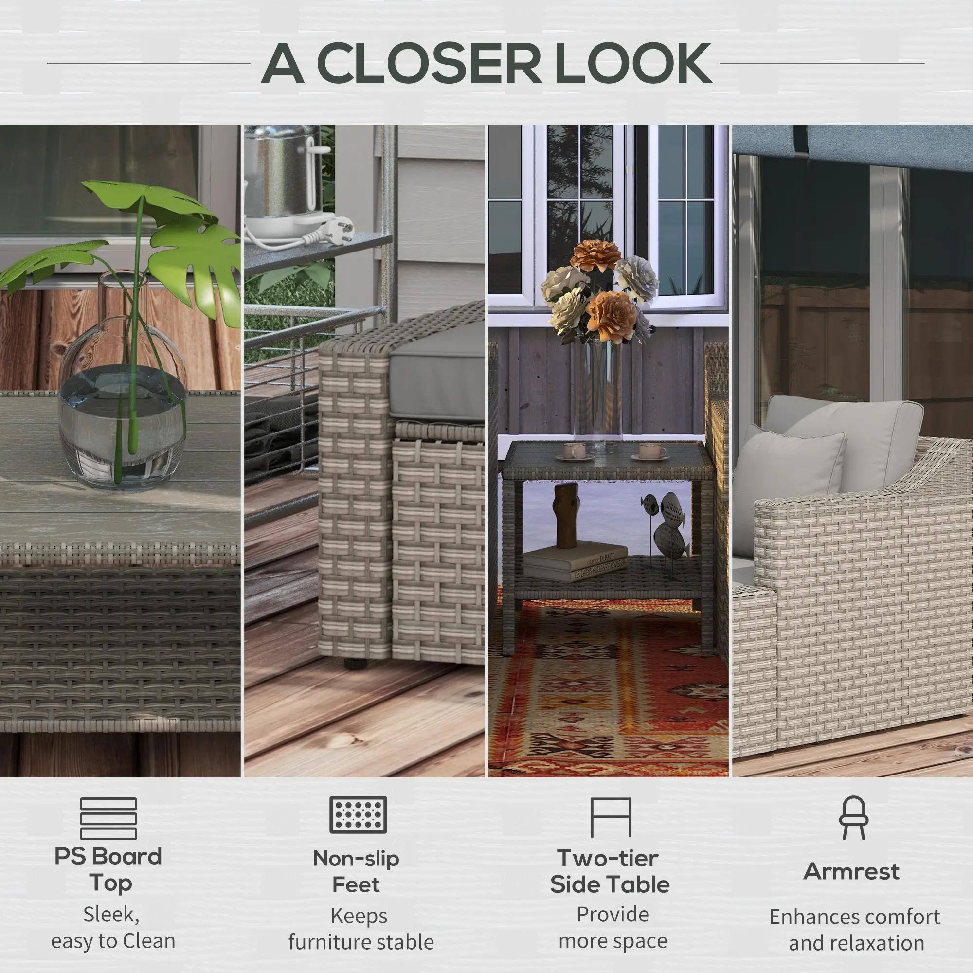 A CLOSER LOOK

PS Board Top Sleek, easy to Clean
Non-slip Feet Keeps furniture stable
Two-tier Side Table Provide more space
Armrest Enhances comfort and relaxation