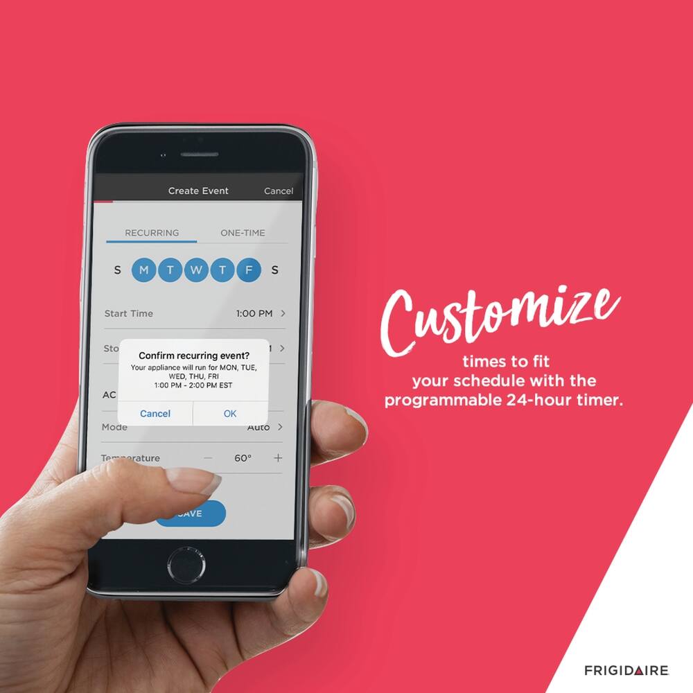 Create Event Cancel RECURRING ONE-TIME S M T W T F S Start Time 1:00 PM Stop Time 2:00 PM EST AC Cancel OK Mode Auto V Customize times to fit your schedule with the programmable 24-hour timer.