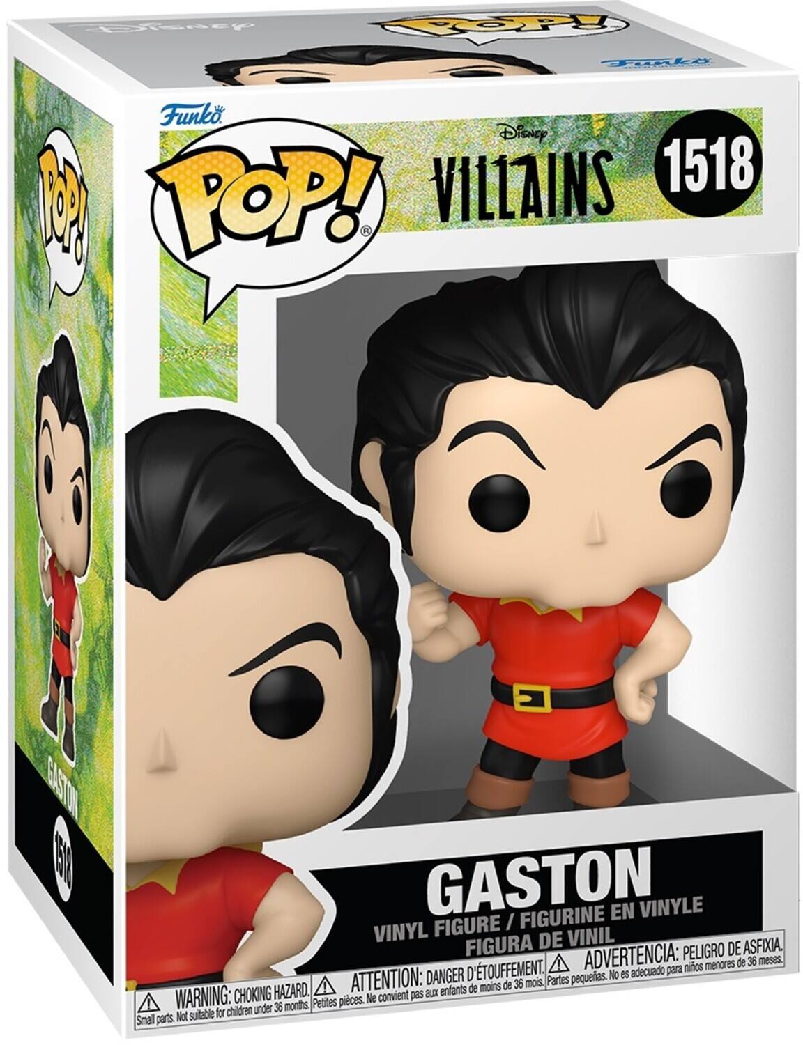 Funko POP!  
Disney VILLAINS 1518  

GASTON  
VINYL FIGURE / FIGURINE EN VINYLE / FIGURA DE VINIL  

WARNING: CHOKING HAZARD.  
ATTENTION: DANGER D'ÉTOUFFEMENT.  
ADVERTENCIA: PELIGRO DE ASFIXIA.  
Small parts. Not suitable for children under 36 months.  
Petites pièces. Ne convient pas aux enfants de moins de 36 mois.  
Peligro de asfixia. No es adecuado para niños menores de 36 meses.