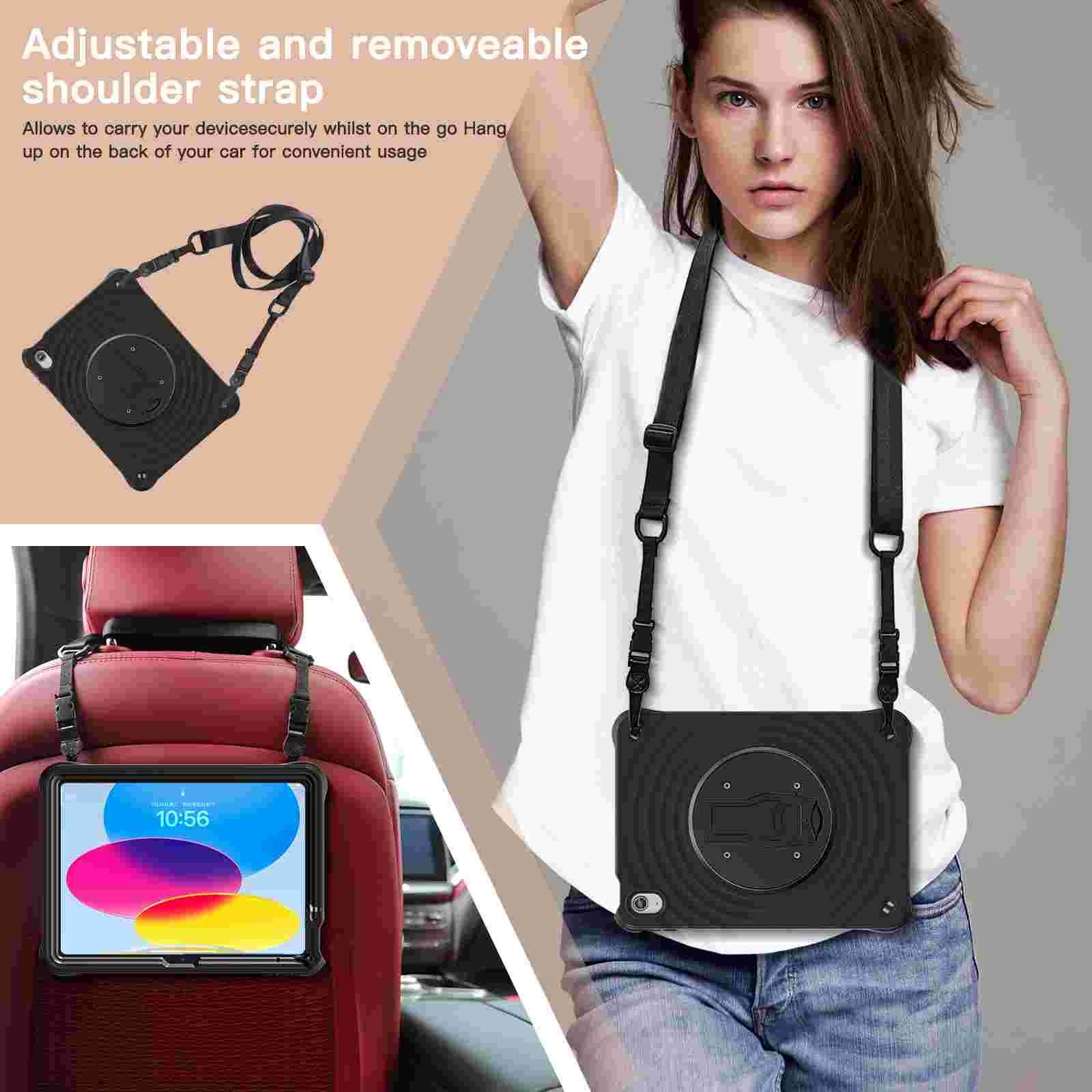 Adjustable and removable shoulder strap  
Allows to carry your devices securely whilst on the go. Hang up on the back of your car for convenient usage.