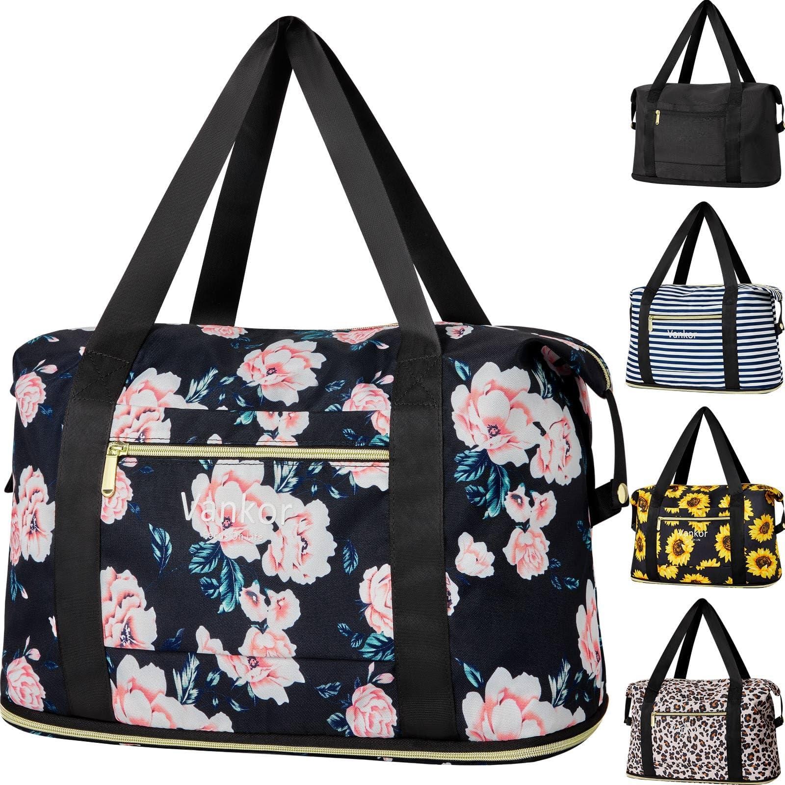 Fabibe - Expandable Travel Duffle Bag For Foldable Carry On Tote Weekender Overnight Hosptital Men Women Lightweight Luggage M - Black Floral-Without Inside Pocket