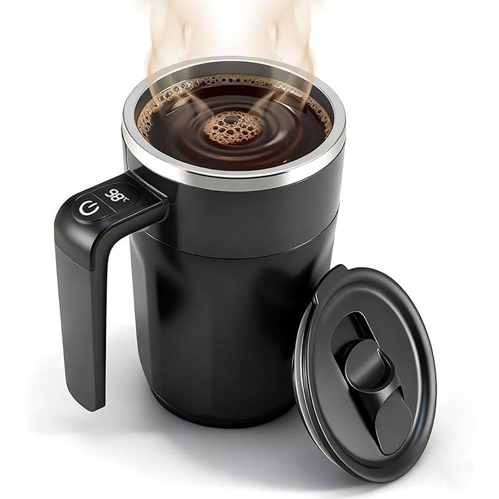 Schertz - Temperature Display Self-Stirring Coffee Mug – Rechargeable Automatic Stirring Cup with Lid for Coffee, Milk, and Other - Black