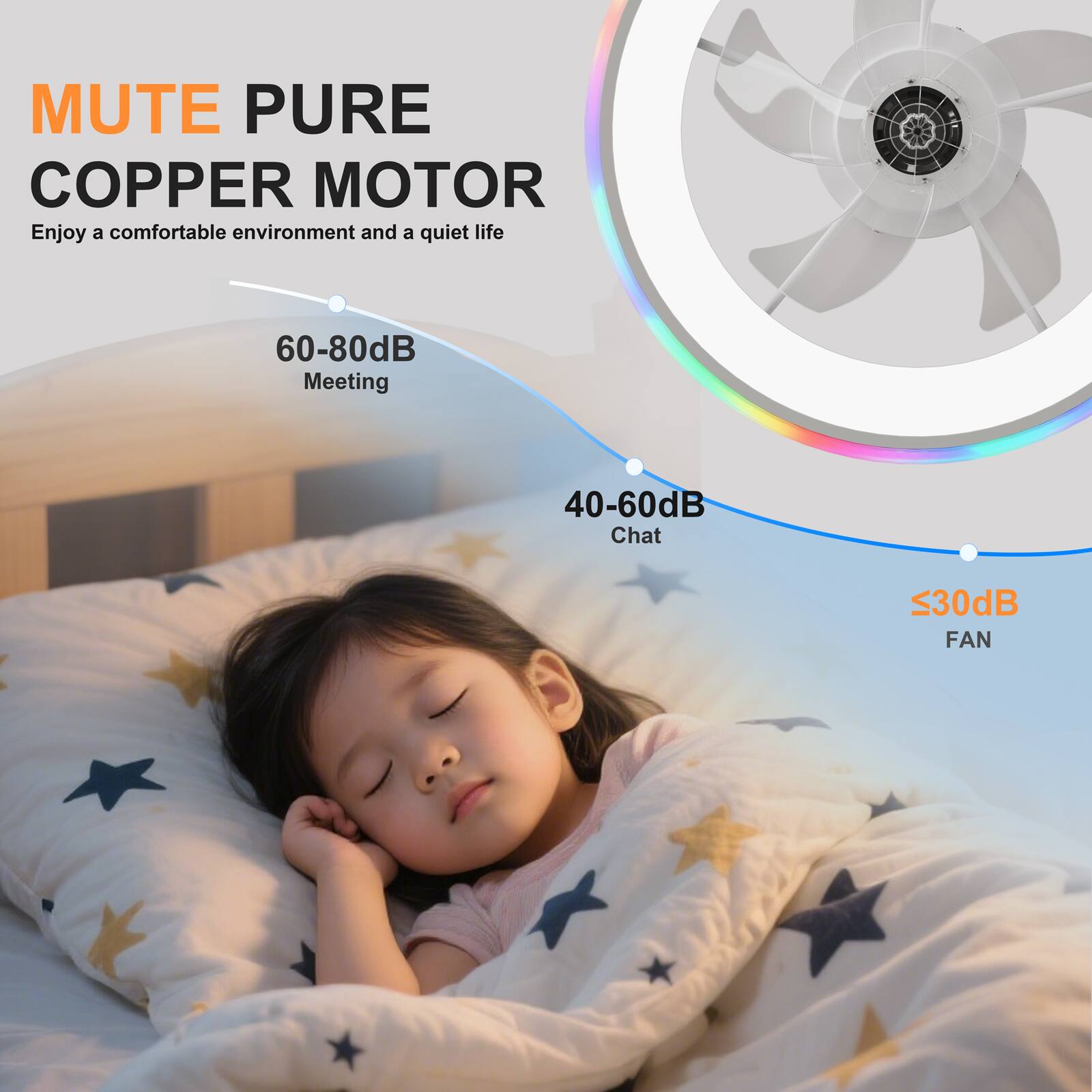 MUTE PURE COPPER MOTOR  
Enjoy a comfortable environment and a quiet life  

60-80dB  
Meeting  

40-60dB  
Chat  

<30dB  
FAN