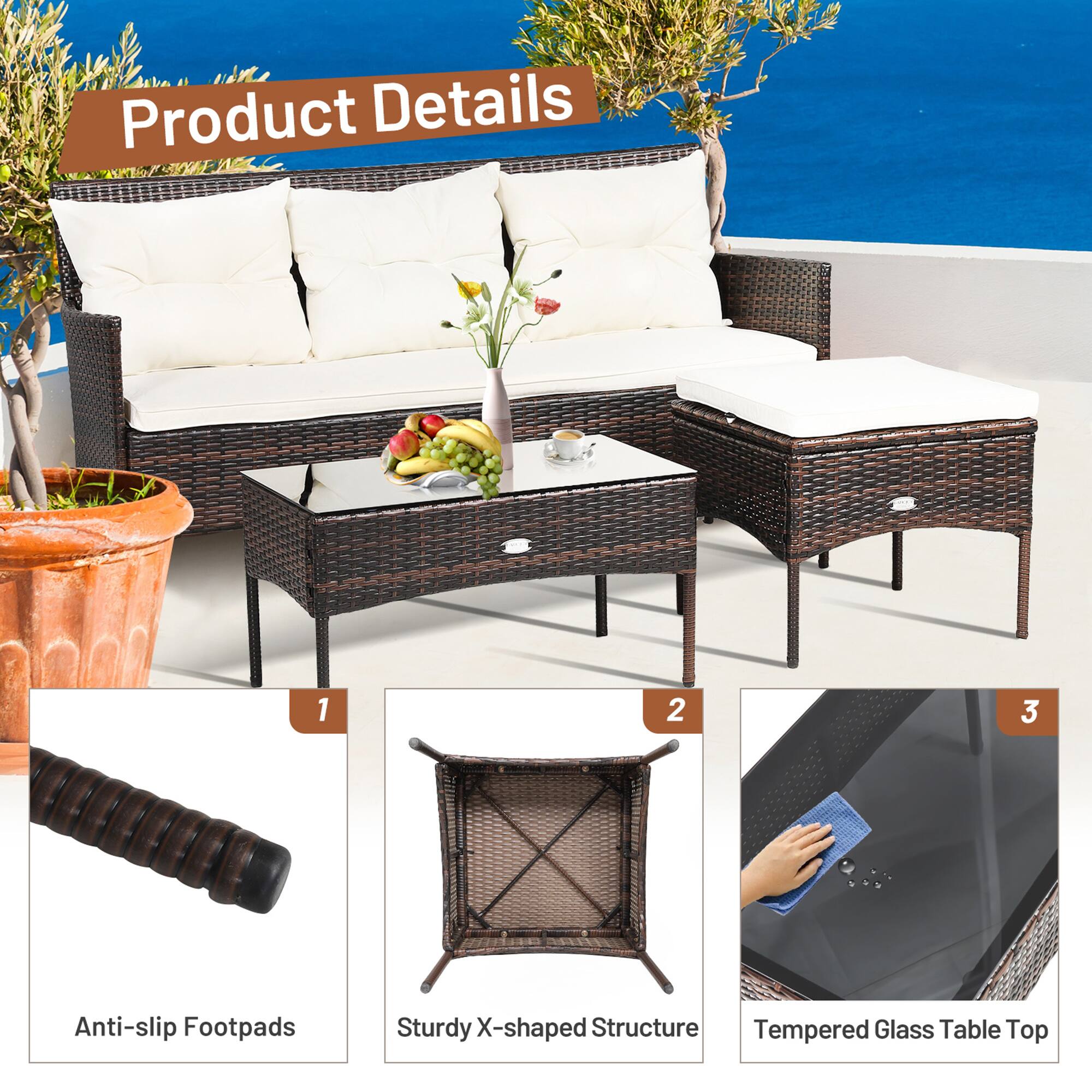 Product Details
1. Anti-slip Footpads
2. Sturdy X-shaped Structure
3. Tempered Glass Table Top
