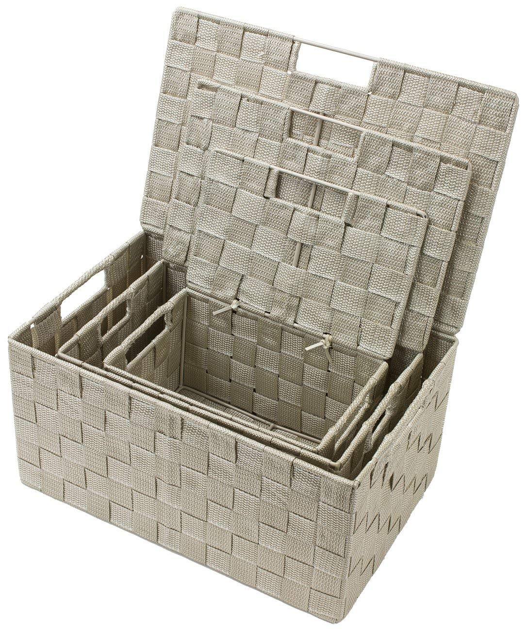 Angle. Sorbus - Sorbus Set of 3 Storage Baskets for Organizing with Lid, Mesh, Linen, Organizer Storage Baskets for Home or Office - Beige.