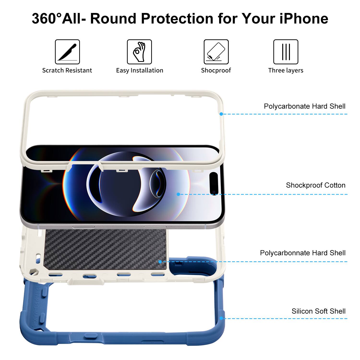 360° All-Round Protection for Your iPhone

- Scratch Resistant
- Easy Installation
- Shockproof
- Three layers

- Polycarbonate Hard Shell
- Shockproof Cotton
- Polycarbonate Hard Shell
- Silicon Soft Shell