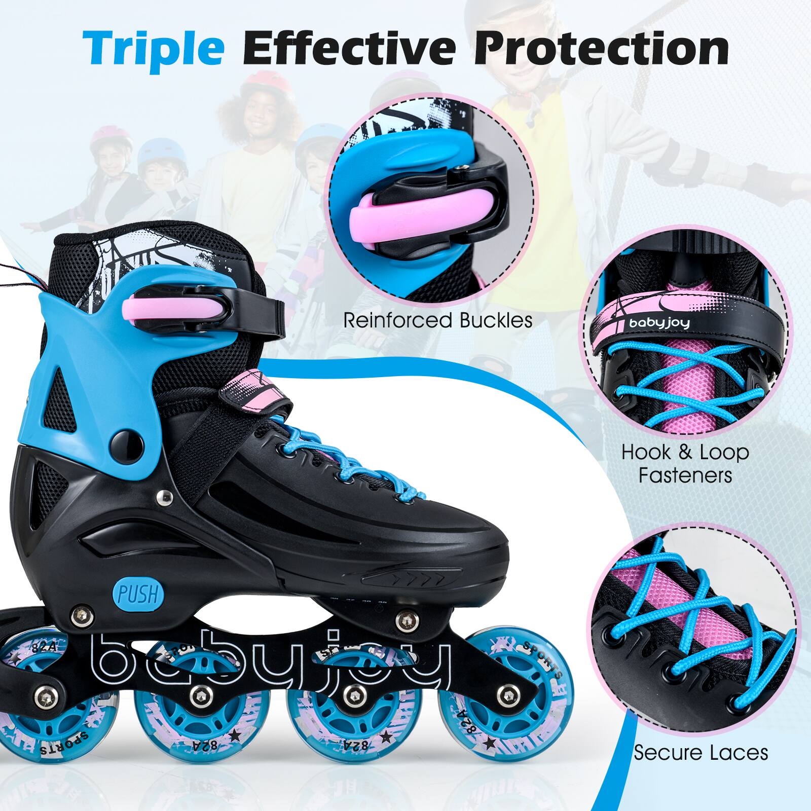 Triple Effective Protection

- Reinforced Buckles
- Hook & Loop Fasteners
- Secure Laces