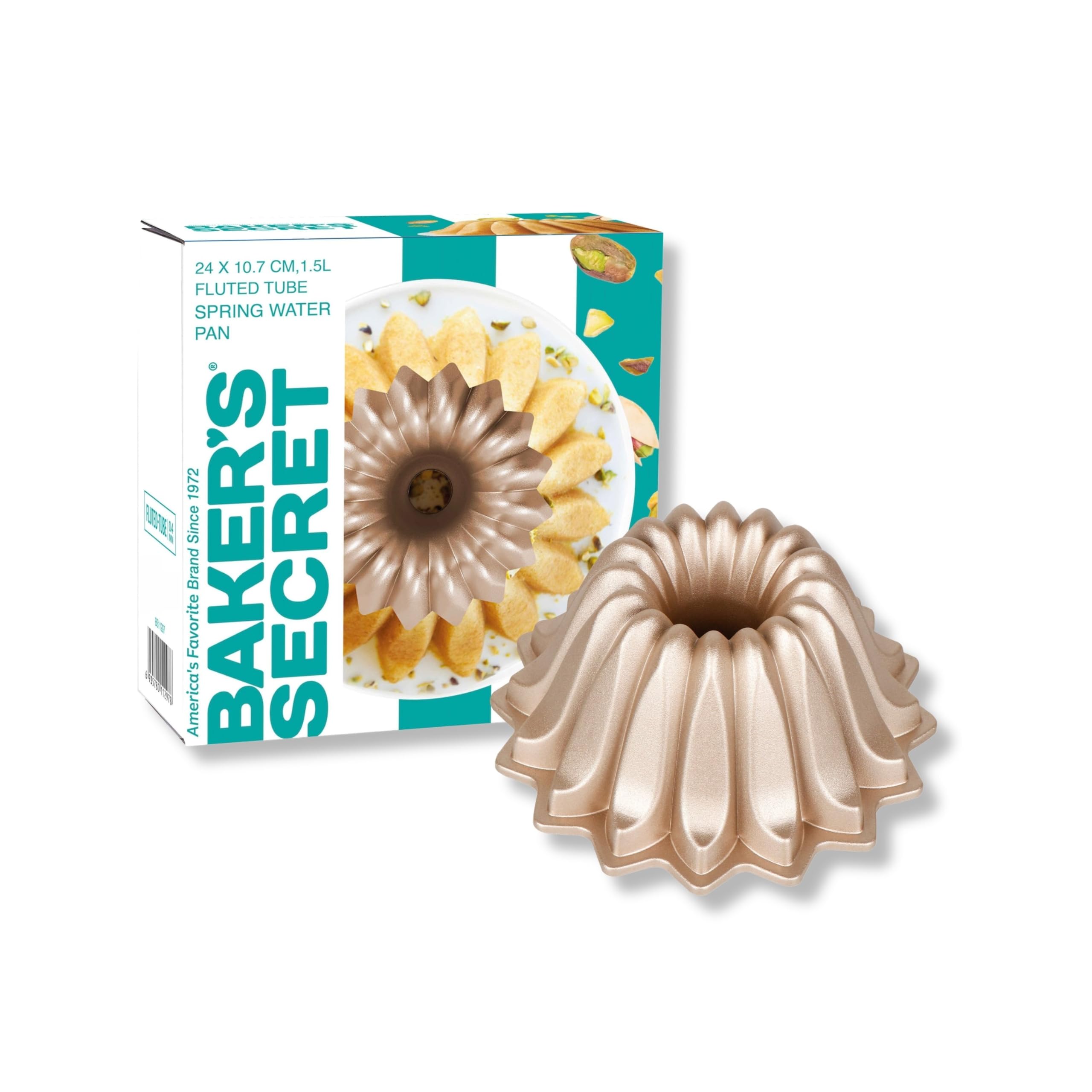 24 x 10.7 CM, 1.5L  
FLUTED TUBE  
SPRING WATER PAN  

BAKER'S SECRET  
Since 1972  
America's Favorite BAKER'S SECRET