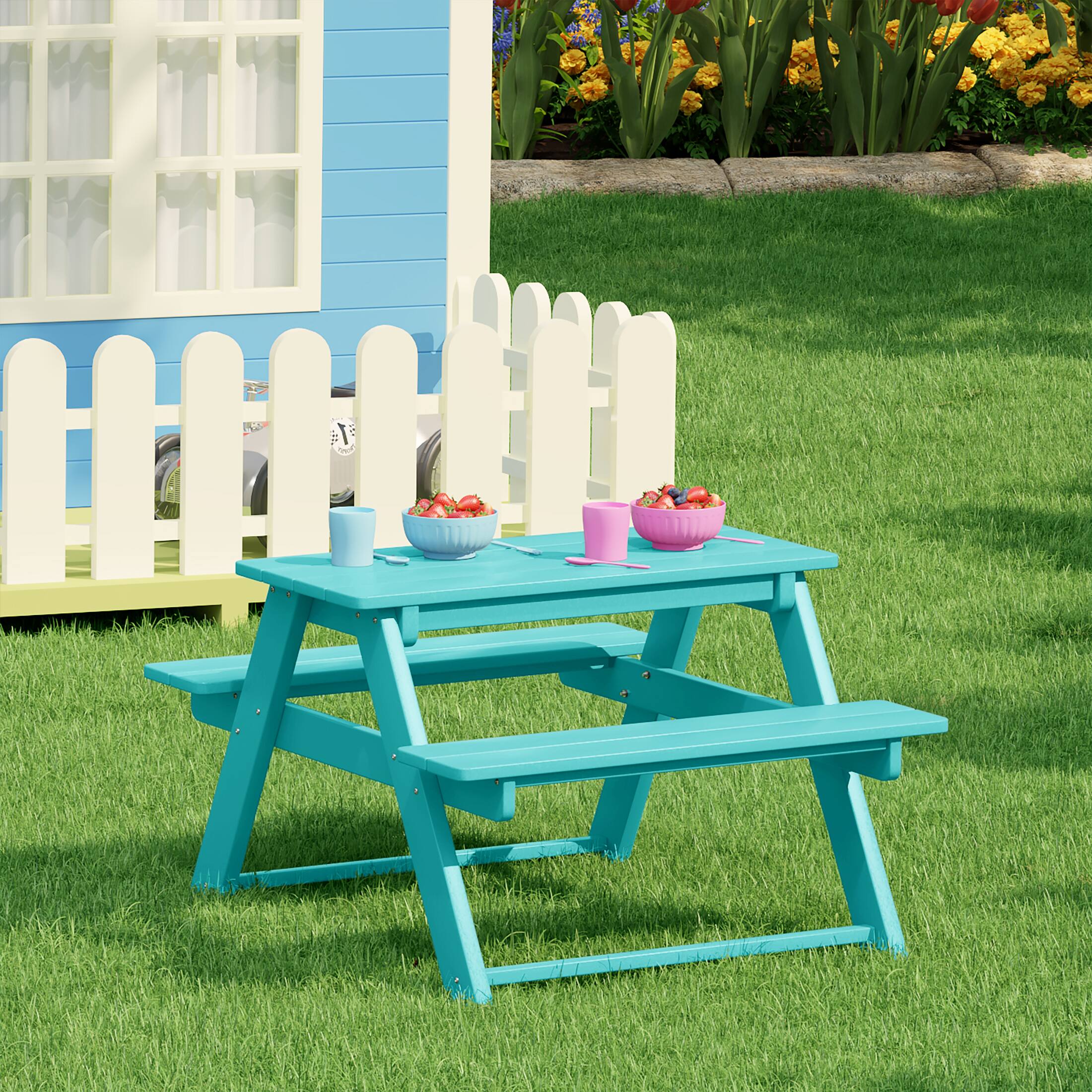 Angle. WestinTrends - WestinTrends Malibu Outdoor Patio Kids HDPE Plastic Picnic Bench Table - Turquoise.