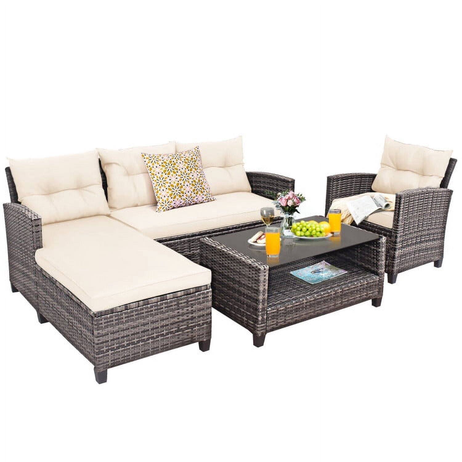 Back. Kadyn - 4 Pcs Patio Rattan Furniture Set with Cushion and Table Shelf-Off White, Patio Seating Conversation Set - White.