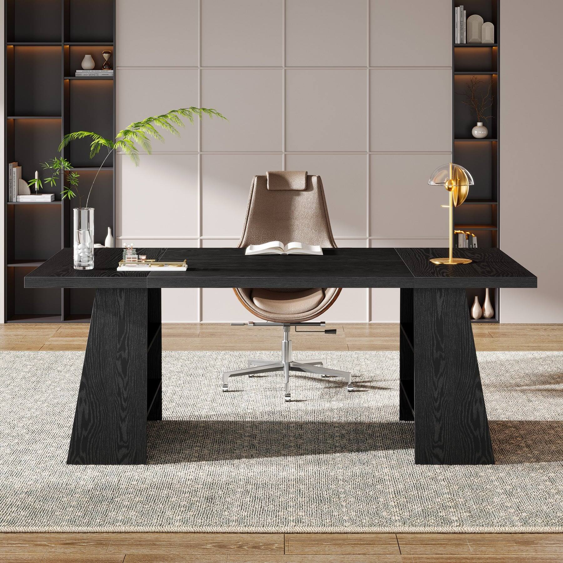 Angle. Tribesigns - Office Executive Desk with Engineered Wood Construction, Storage Shelves, for Computer Work and Writing in Home Offices - Black.
